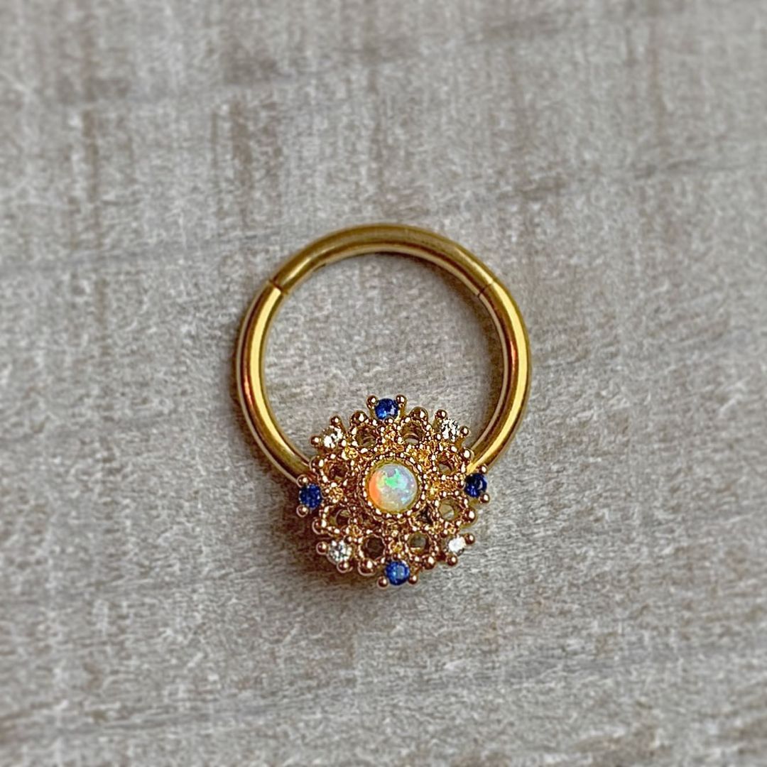 16G 3/8 Gold Tone White Synthetic Opal Sun Hinged Segment Ring