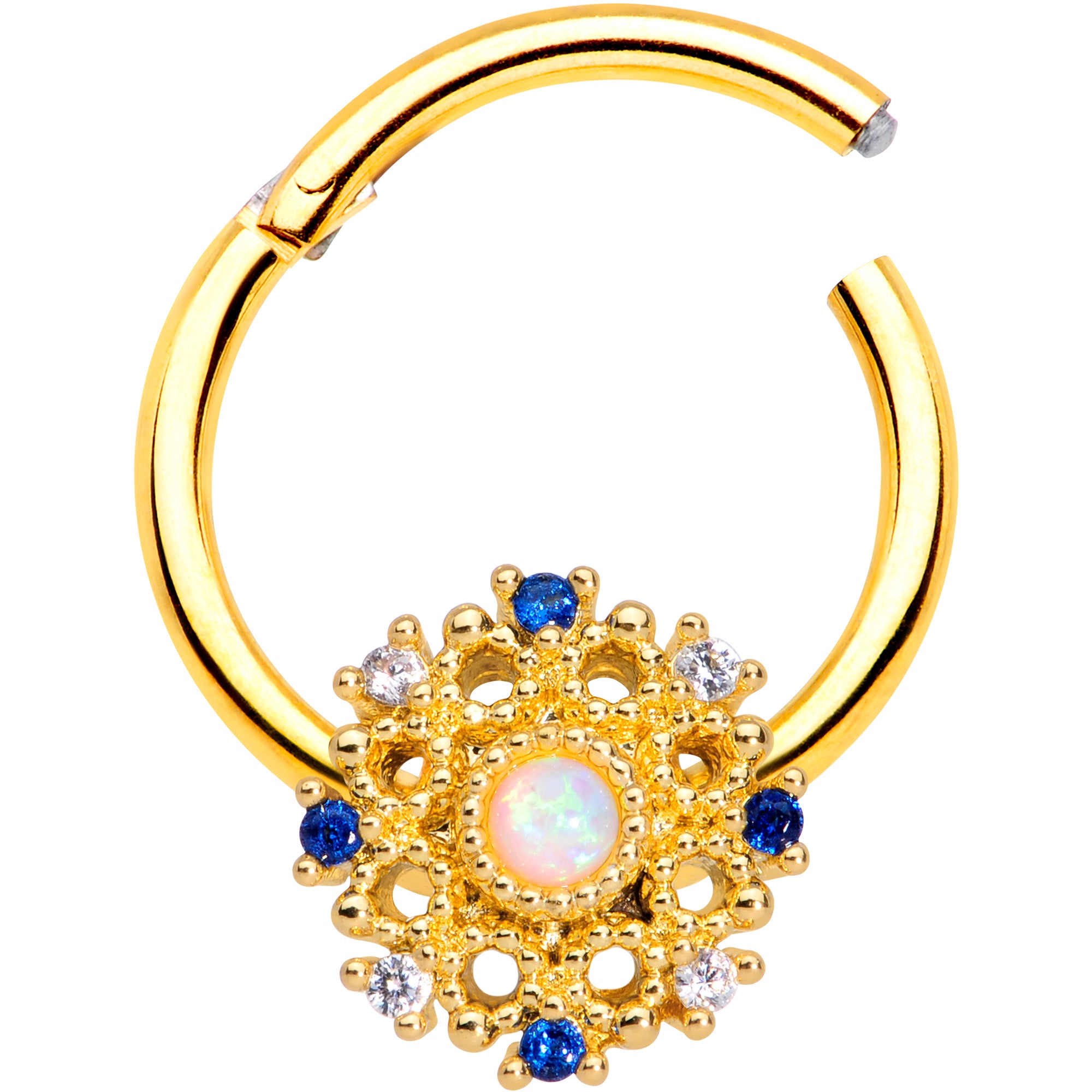 16G 3/8 Gold Tone White Synthetic Opal Sun Hinged Segment Ring