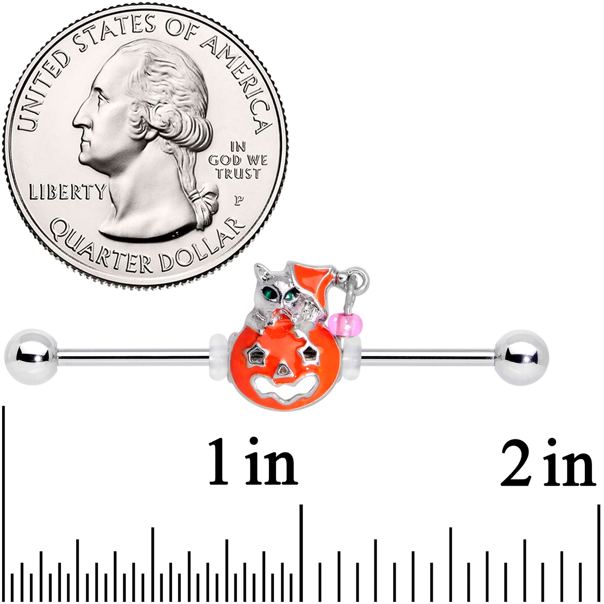 14G Pink Gem Kitty Pumpkin Halloween Industrial Barbell 38mm