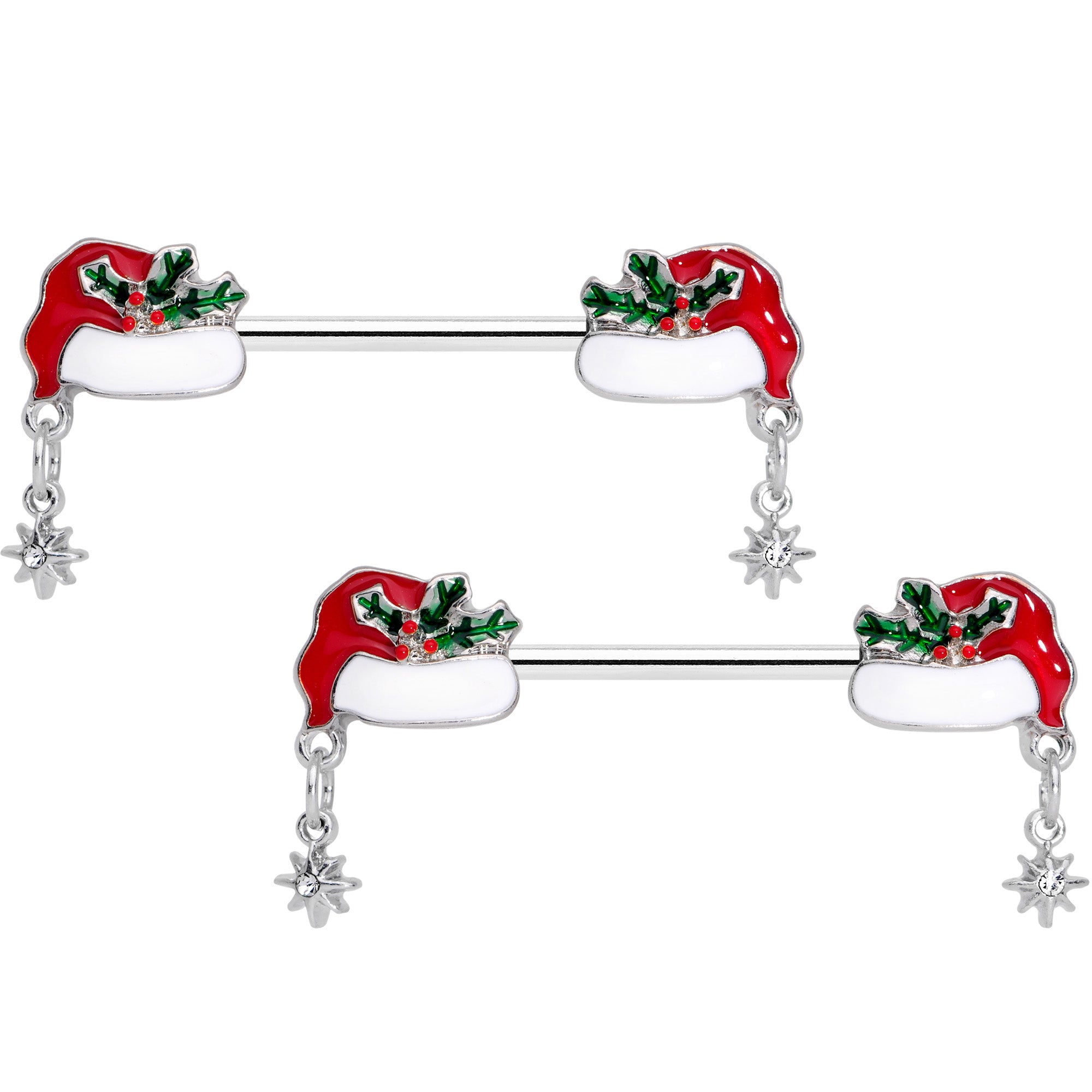 14G 9/16 Clear Gem Jolly Santa Hat Christmas Nipple Ring Set