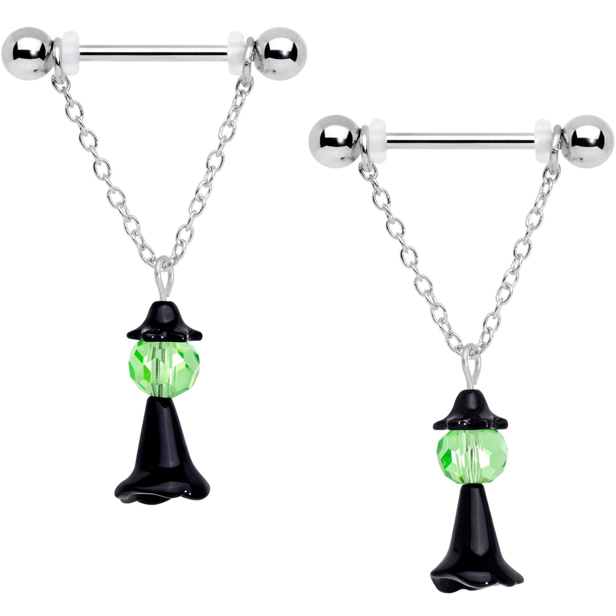 14G 11/16 Green Gem Spooky Witch Halloween Dangle Nipple Ring Set