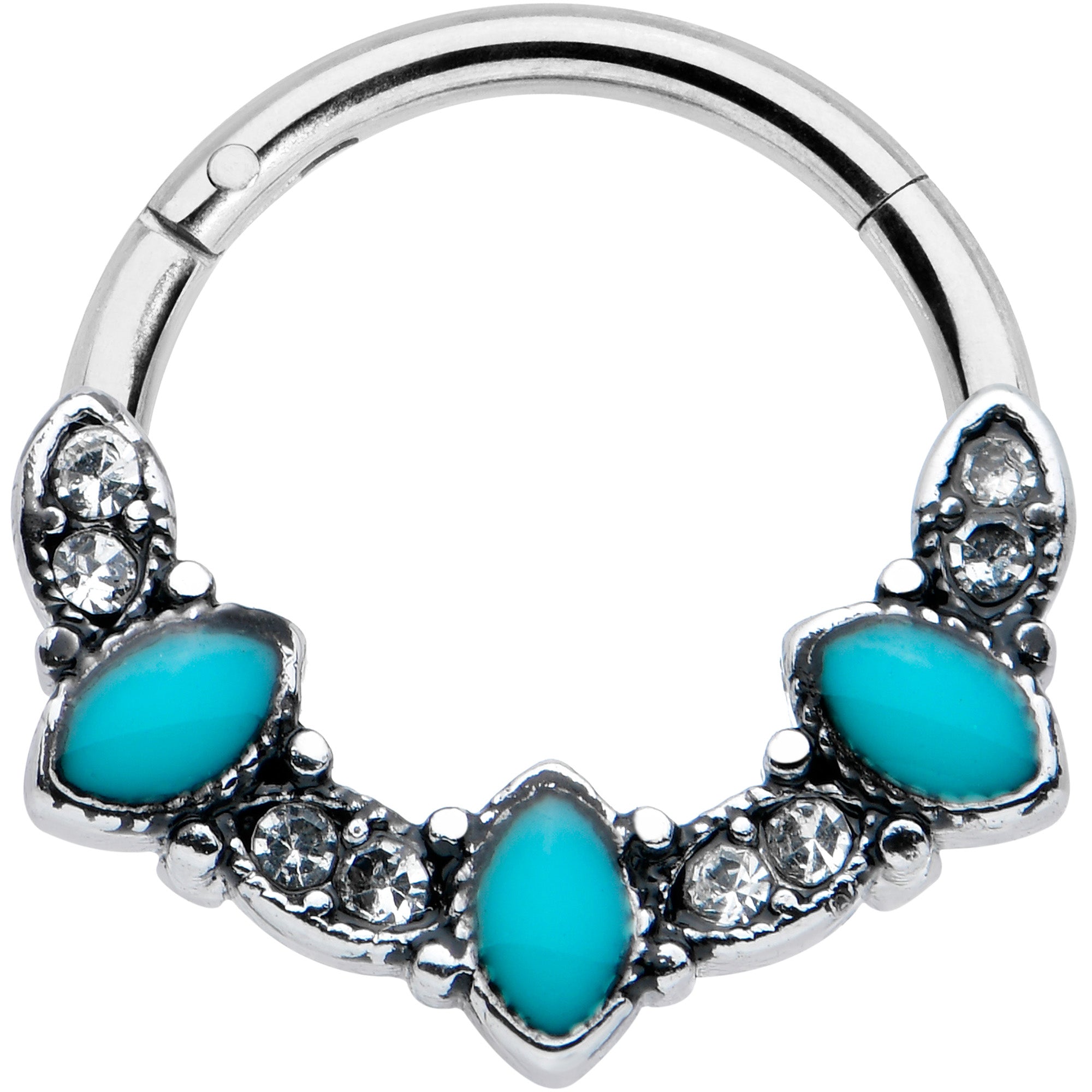 16G 3/8 Clear Blue Gem Southwestern Ovals Hinged Segment Ring