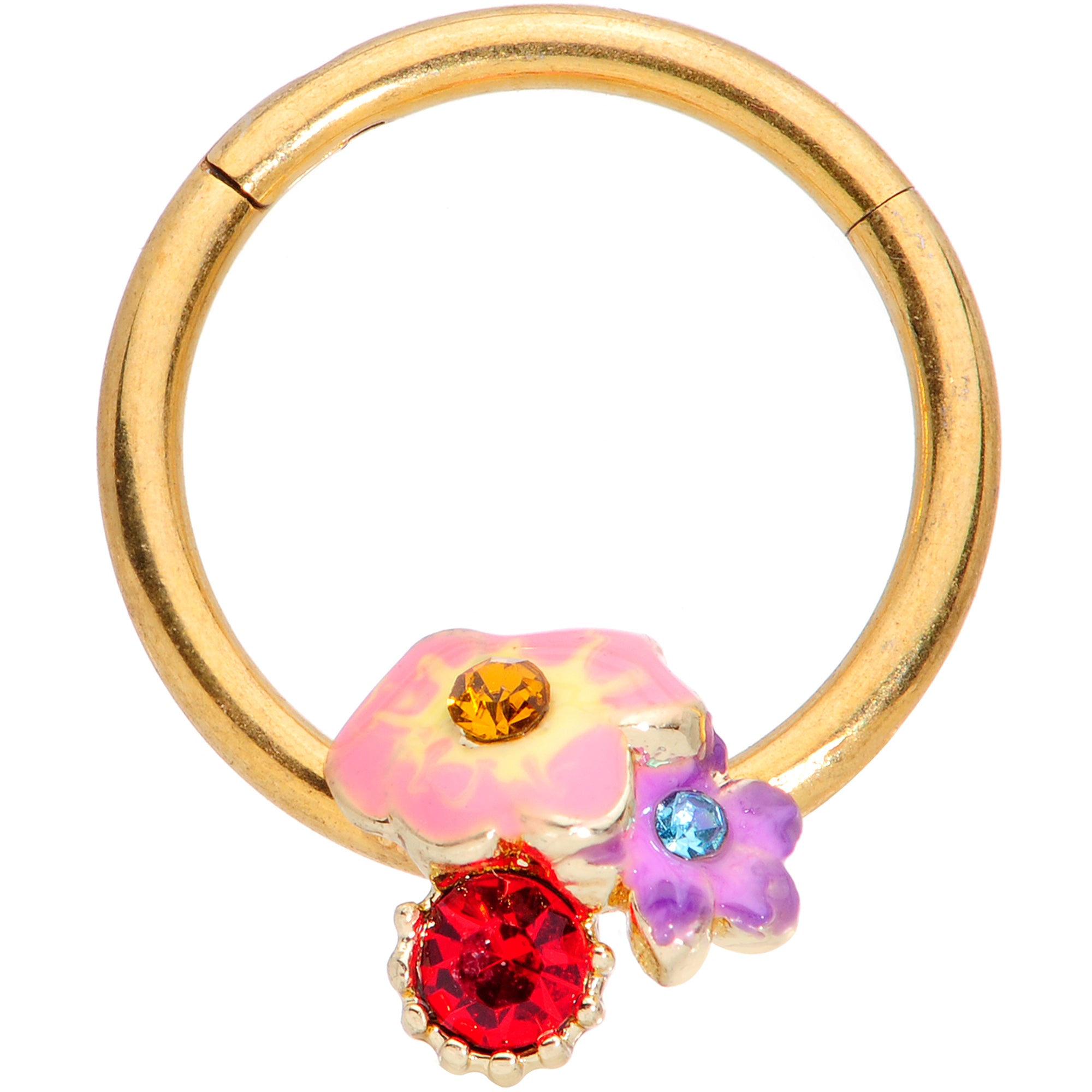 16G 3/8 Red Blue Gem Gold Tone Multi Flower Hinged Segment Ring