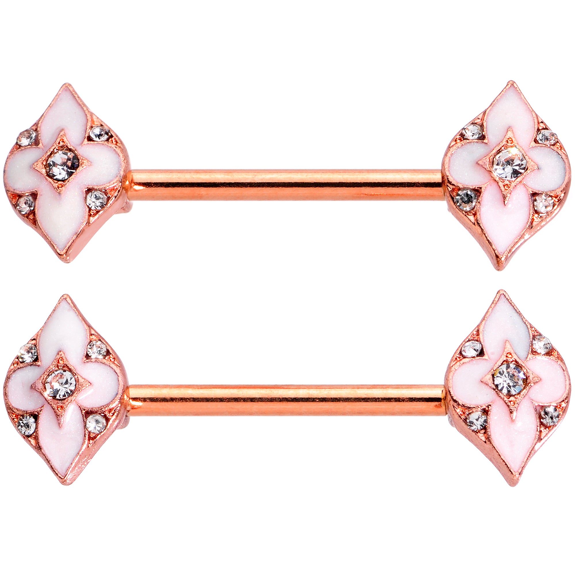 14G 9/16 Clear Gem Rose Gold Tone Pink Cross Nipple Ring Set
