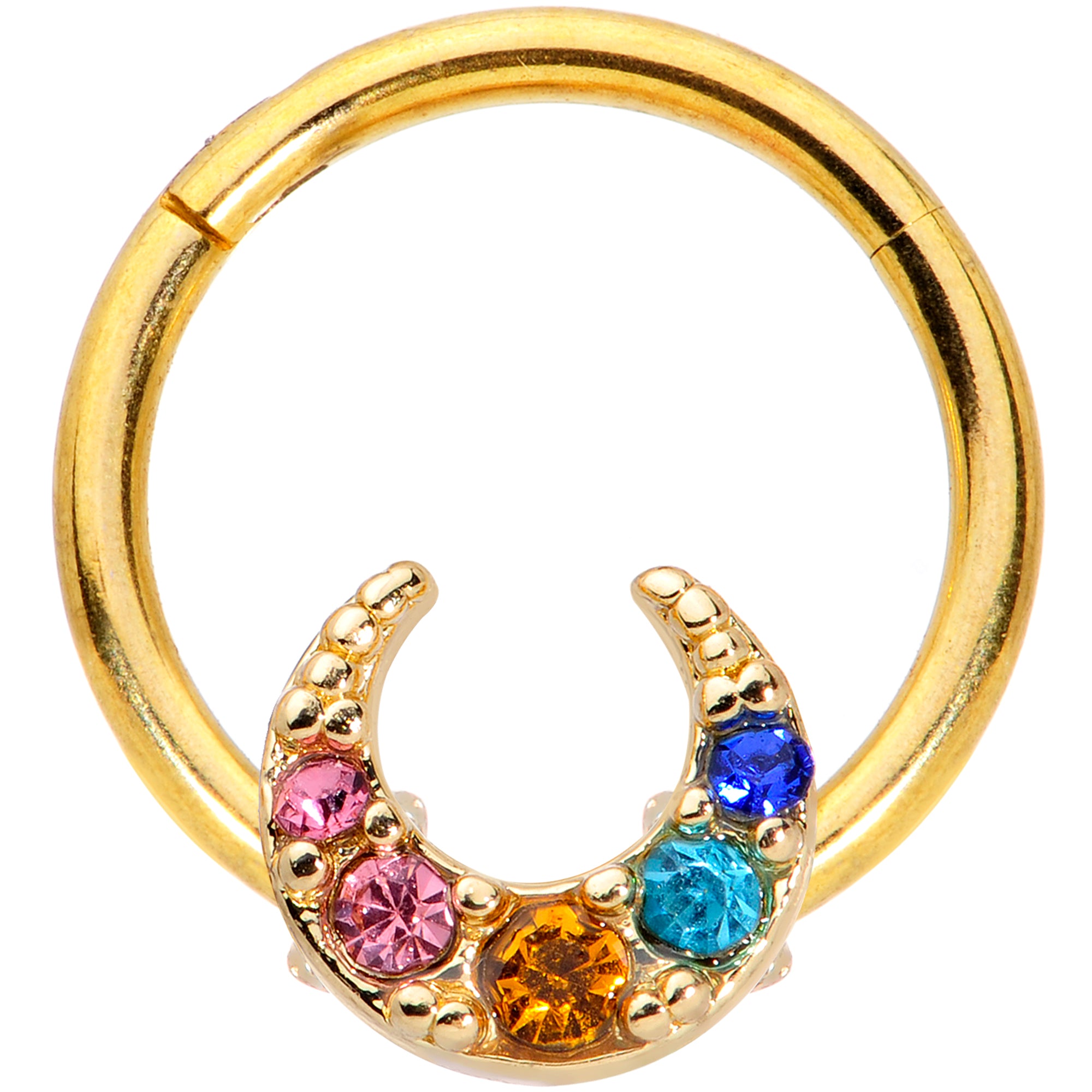16G 3/8 Rainbow Gem Gold Tone Crescent Moon Hinged Segment Ring