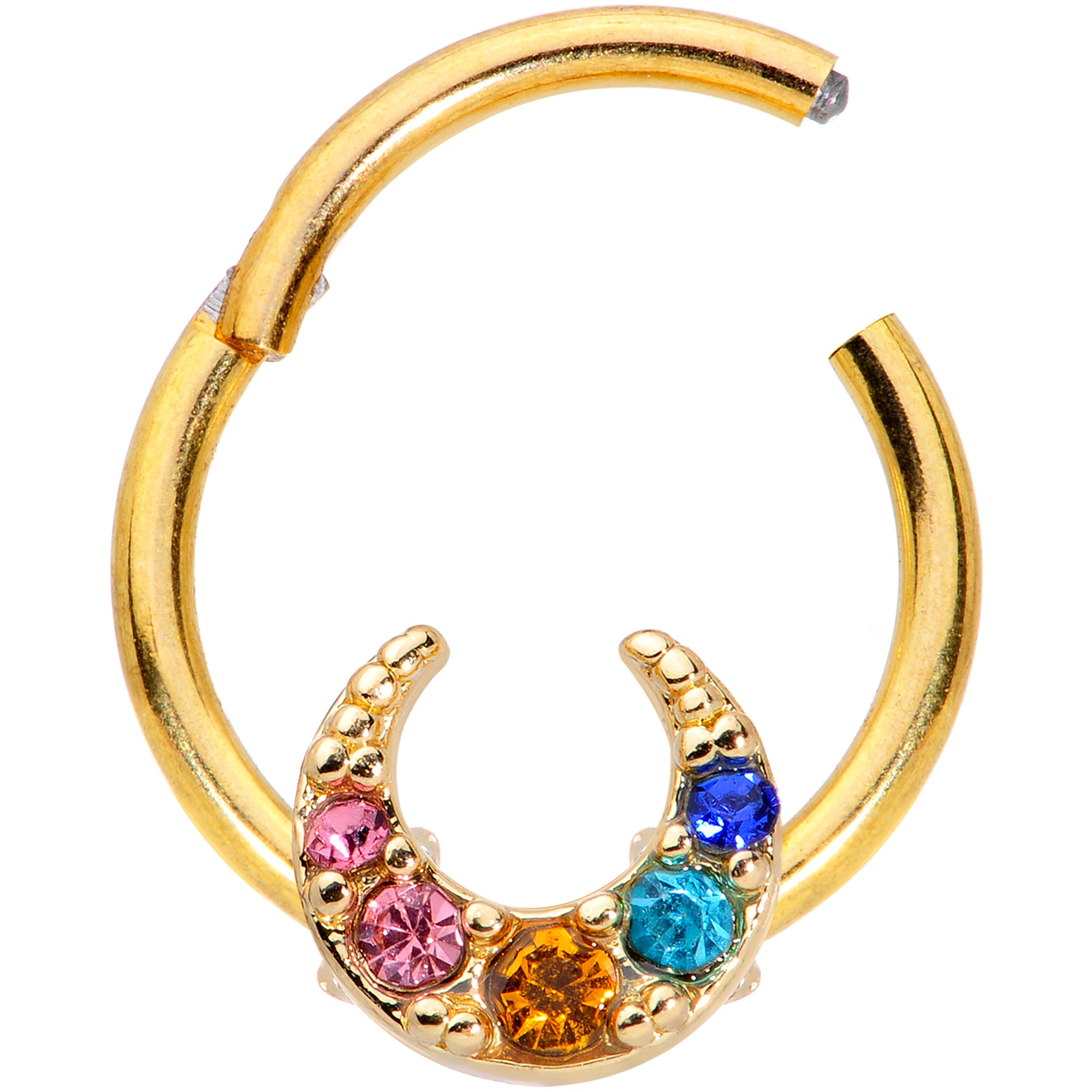 16G 3/8 Rainbow Gem Gold Tone Crescent Moon Hinged Segment Ring