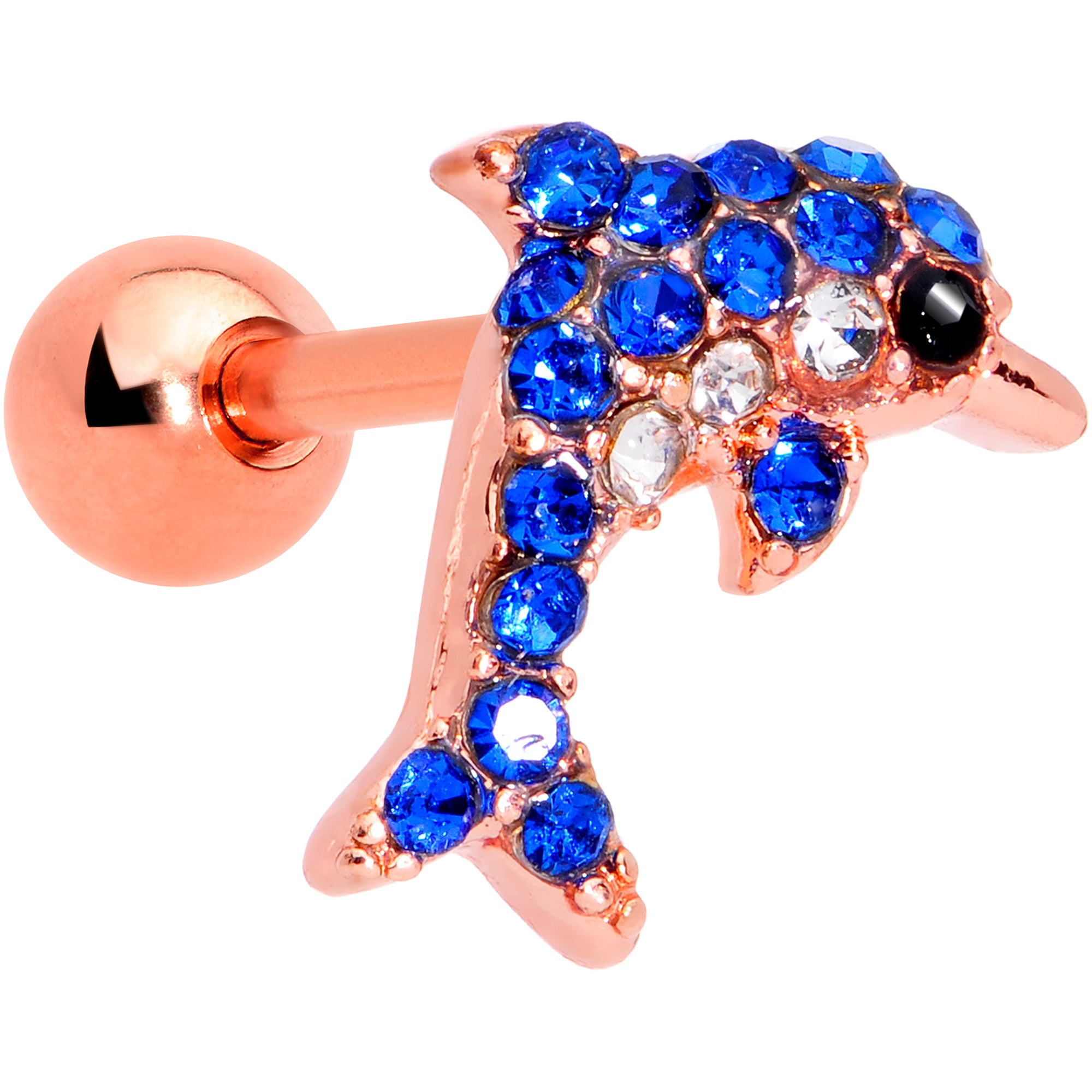 16G 1/4 Blue Gem Rose Gold Tone Dolphin Cartilage Tragus Earring