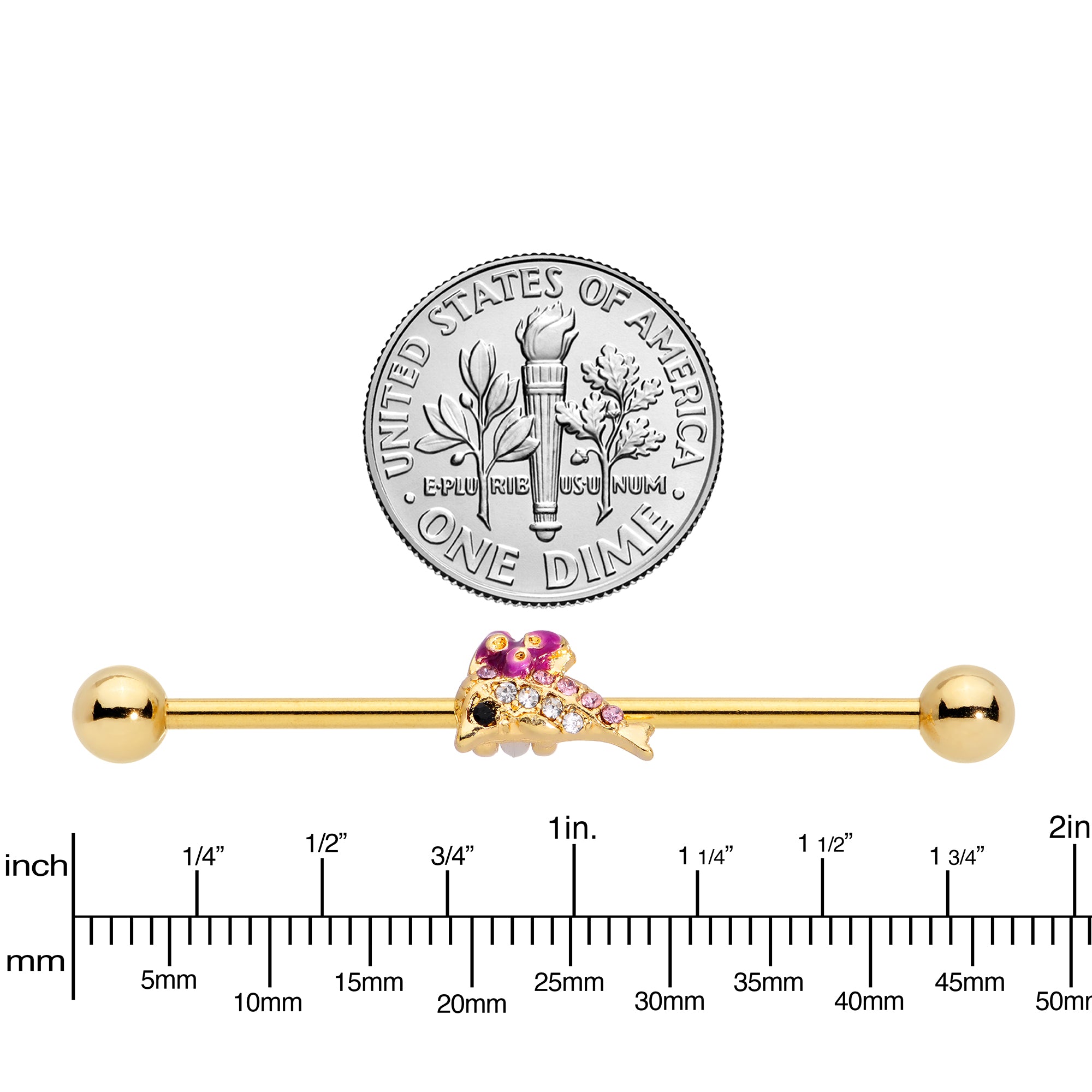 14G Purple Gem Gold Tone Dainty Dolphin Industrial Barbell 38mm