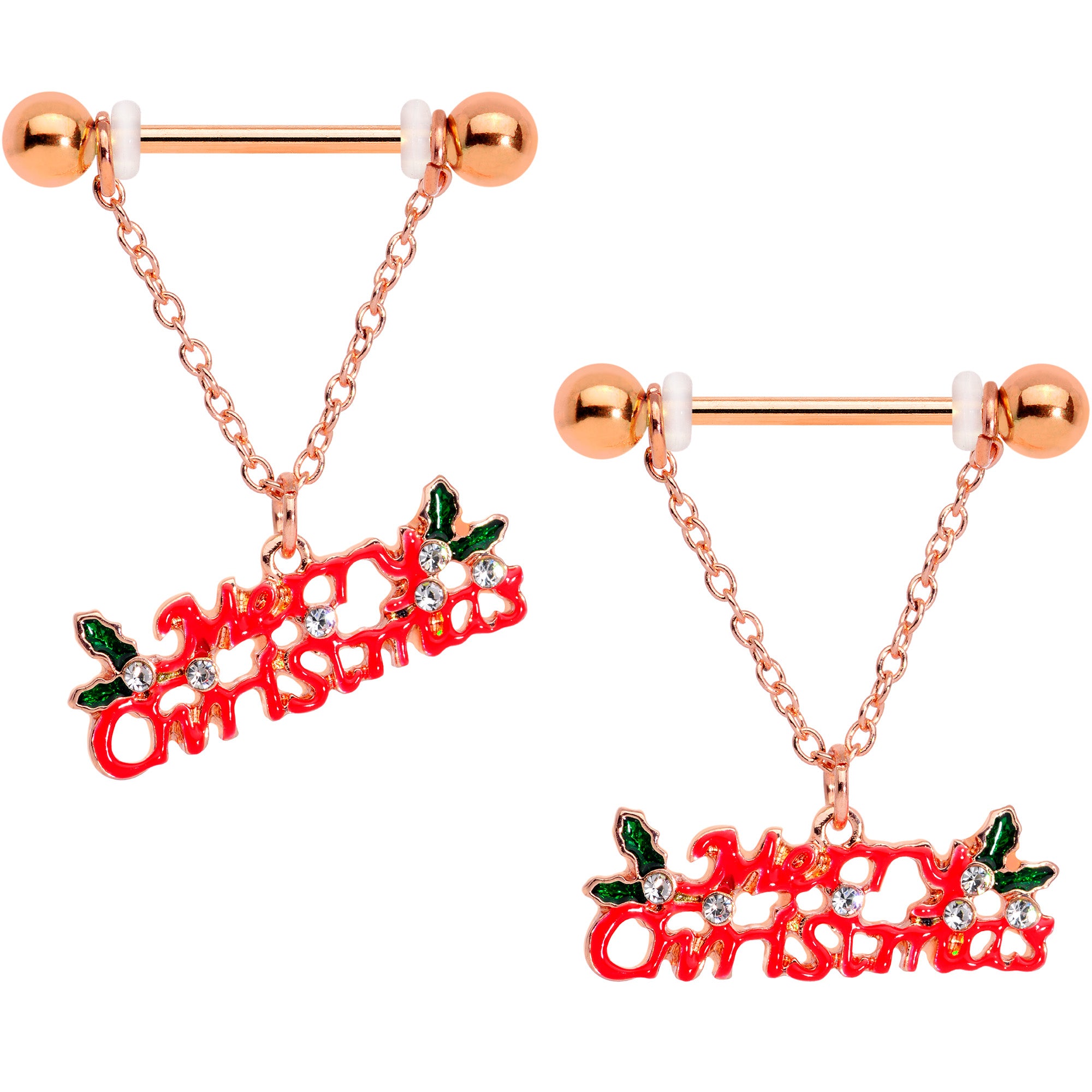14G 11/16 Clear Gem Rose Gold Hue Merry Christmas Nipple Ring Set