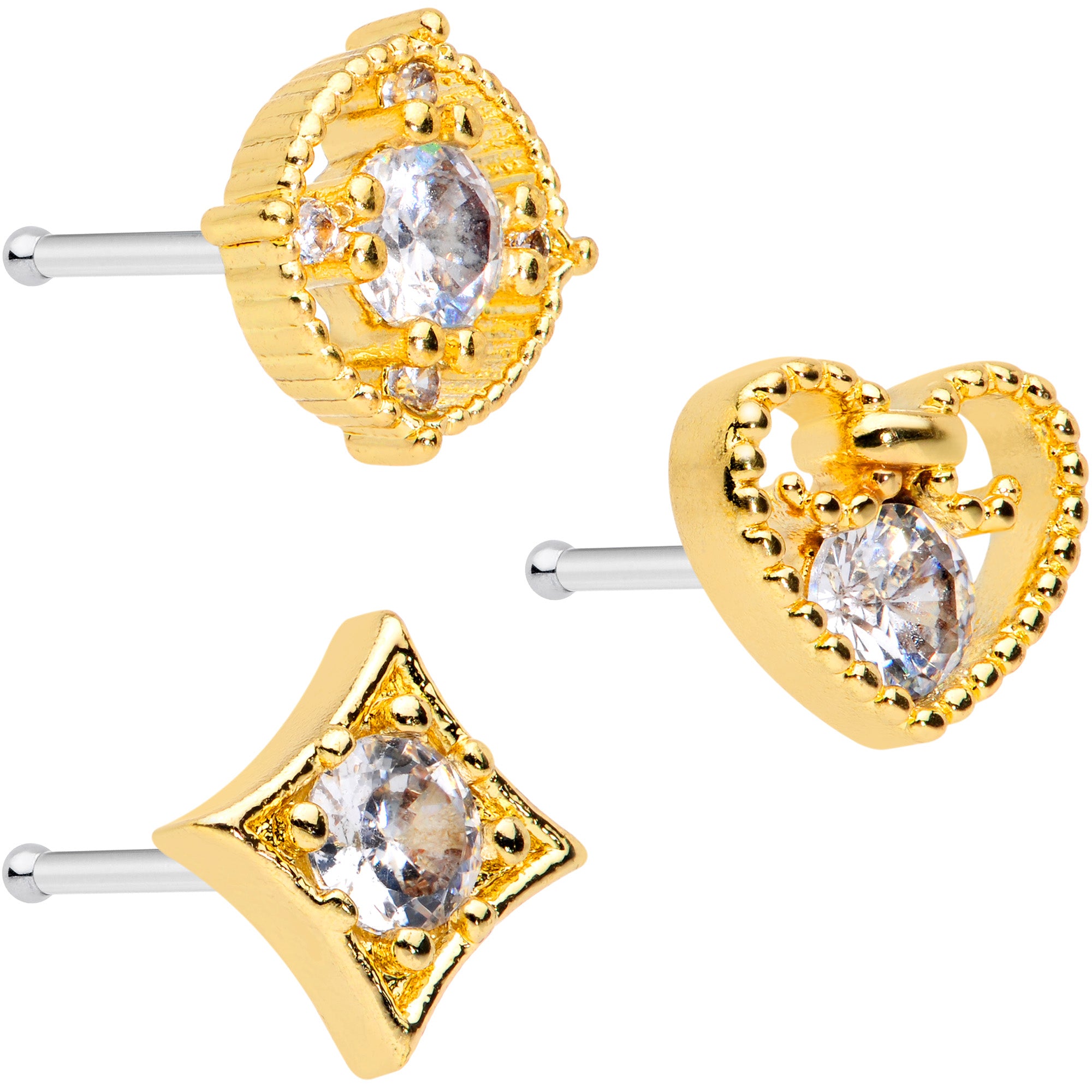 20G 1/4 Clear CZ Gem Gold Tone Circle Heart Nose Bone Set of 3