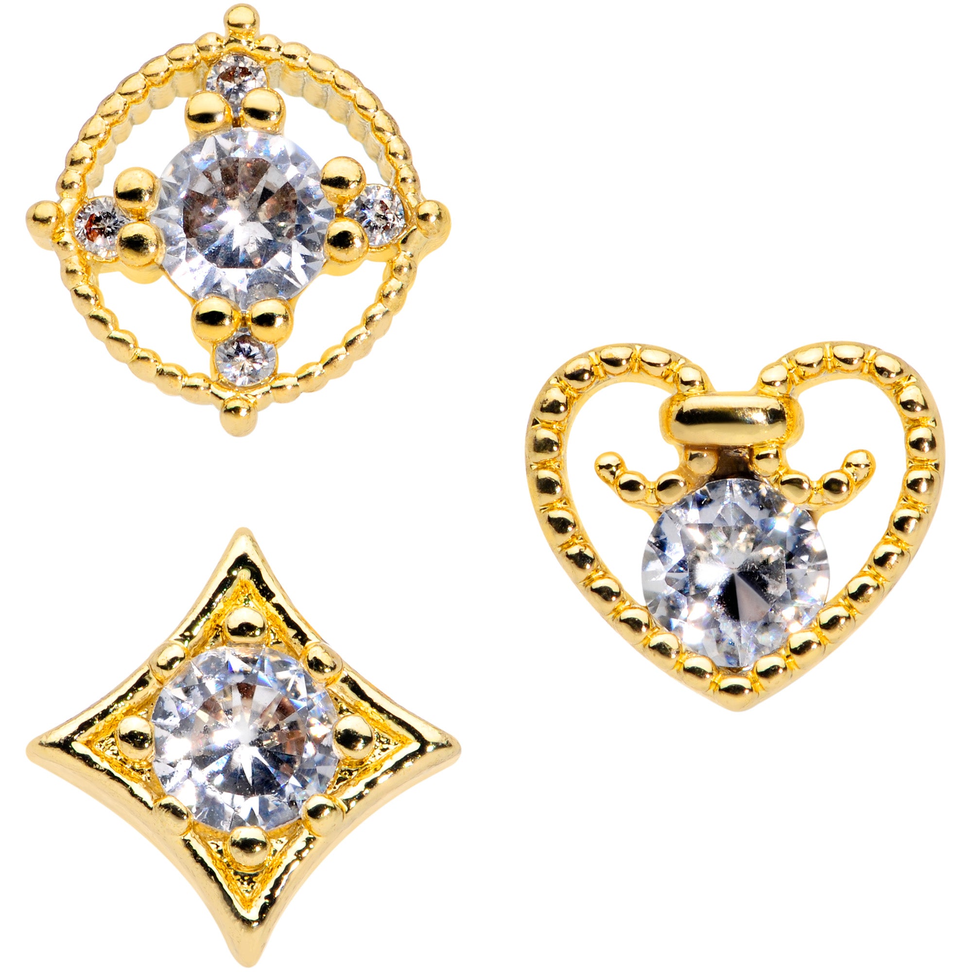 20G 1/4 Clear CZ Gem Gold Tone Circle Heart Nose Bone Set of 3