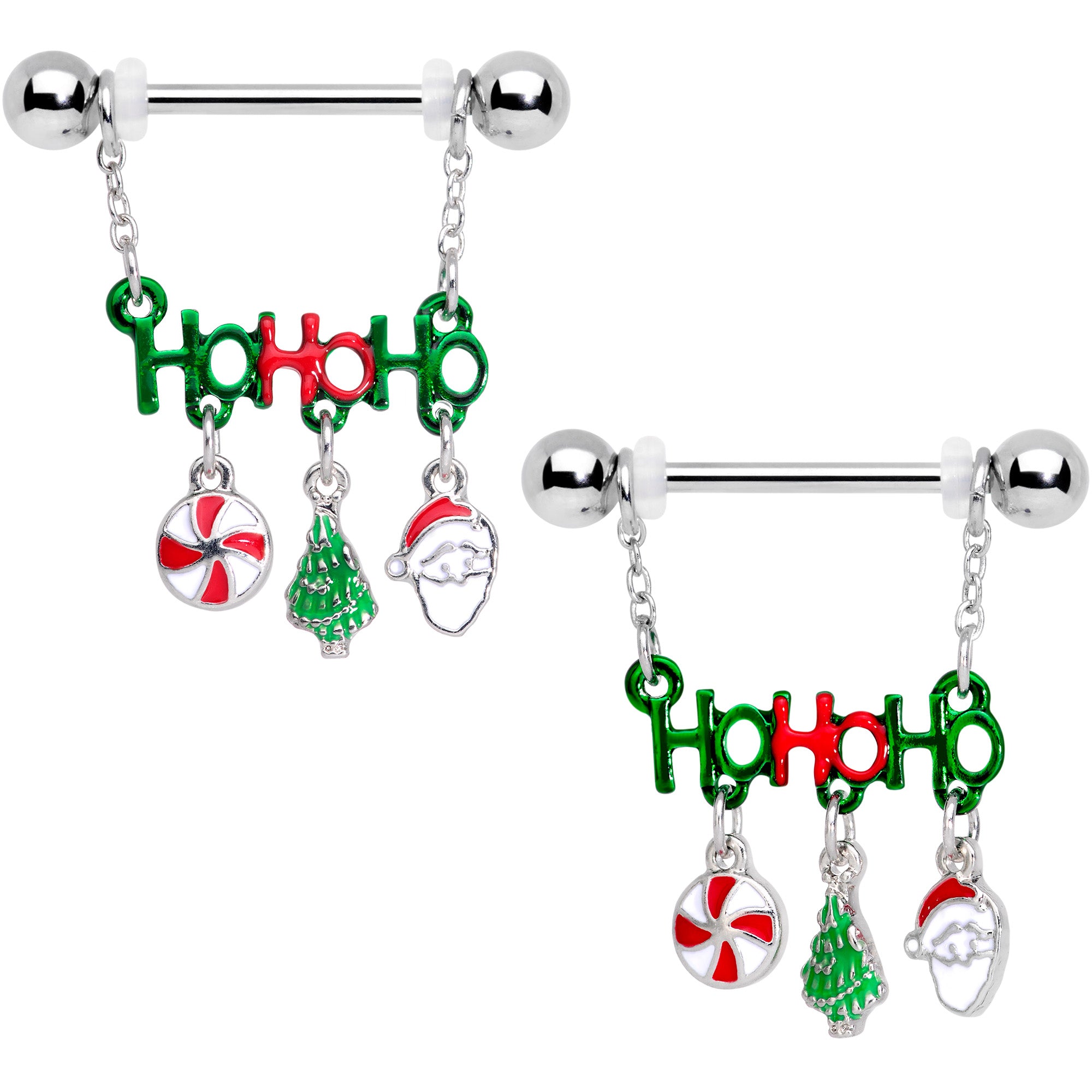 14G 11/16 Ho Ho Ho Santa Christmas Chain Dangle Nipple Ring Set