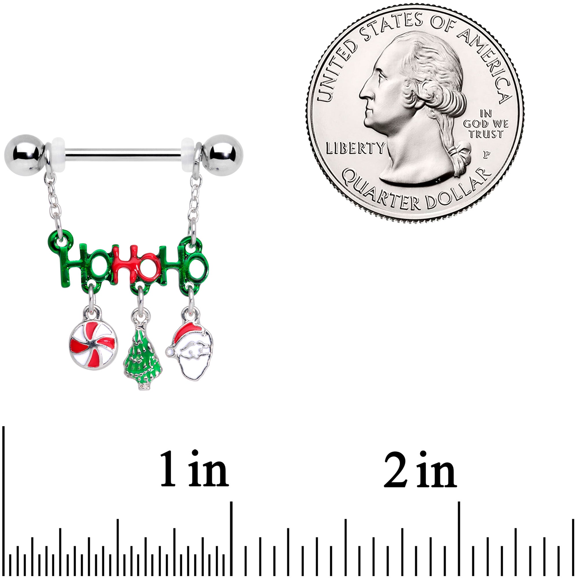 14G 11/16 Ho Ho Ho Santa Christmas Chain Dangle Nipple Ring Set