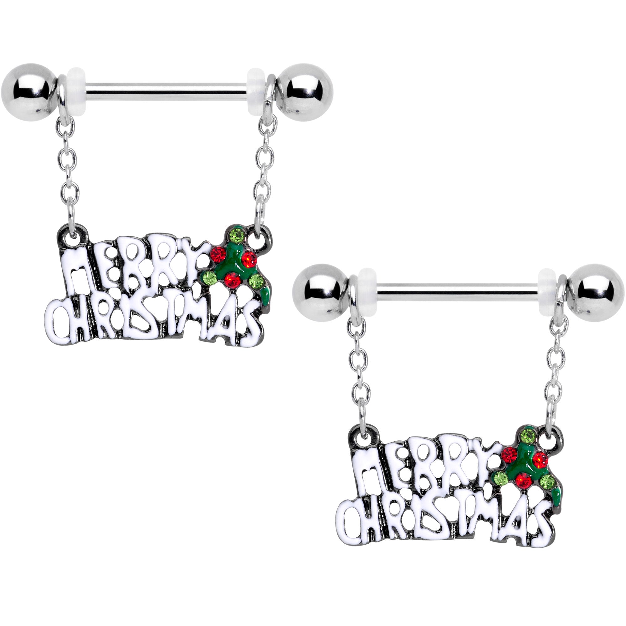 14G 11/16 Red Gem Merry Christmas Dangle Nipple Ring Set