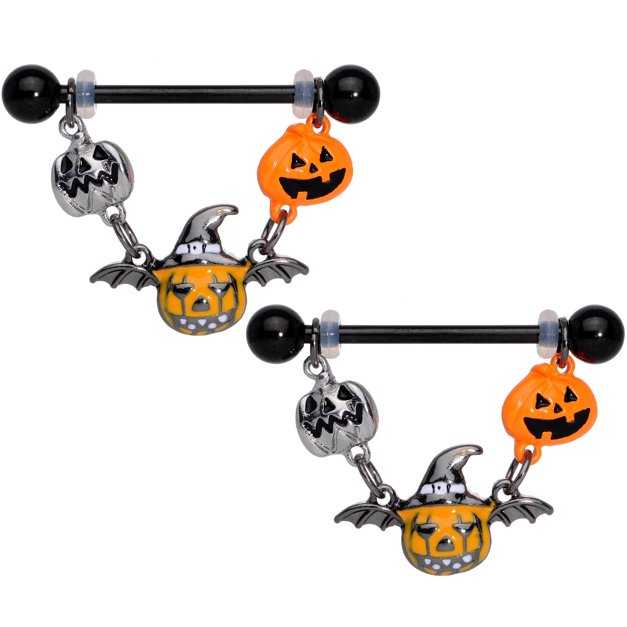 14G 7/8 Black Pumpkin Trio Halloween Dangle Nipple Ring Set