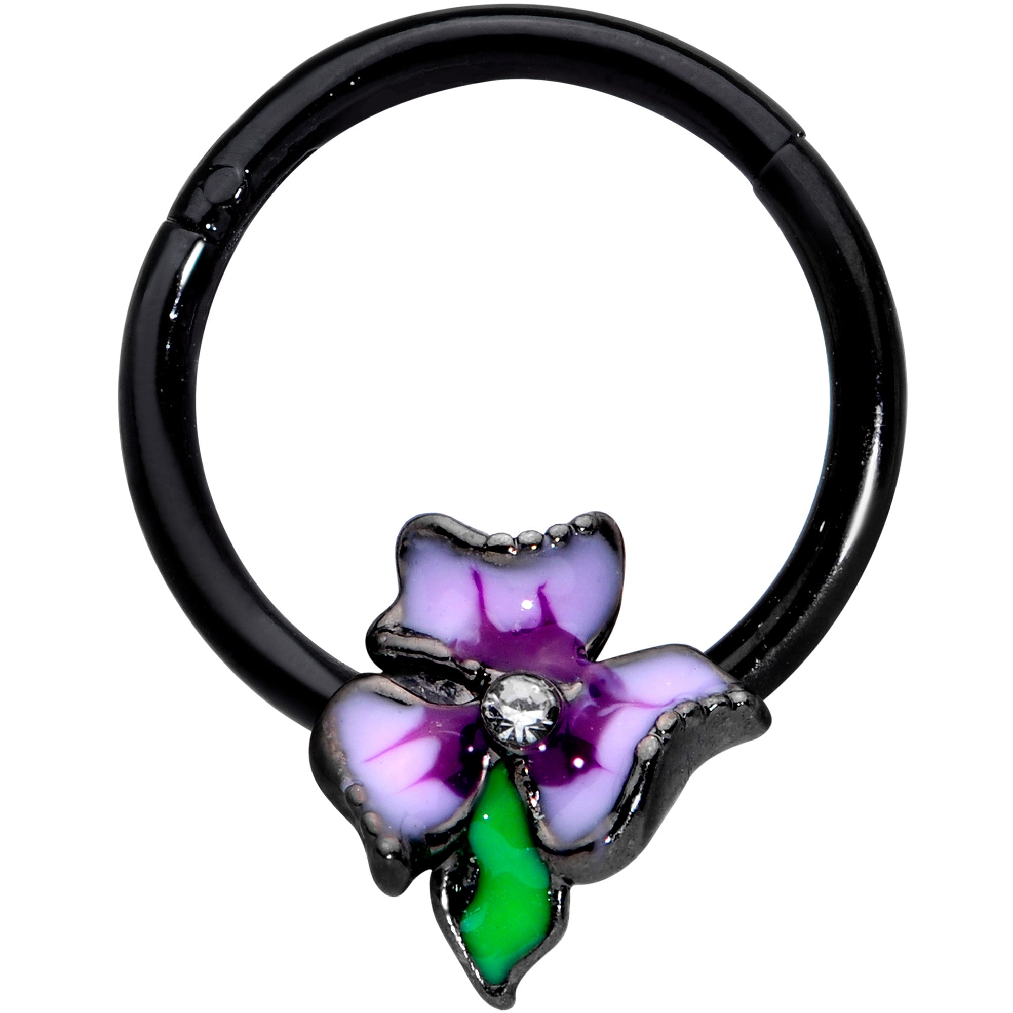 16G 3/8 Clear CZ Gem Black Purple Iris Flower Hinged Segment Ring