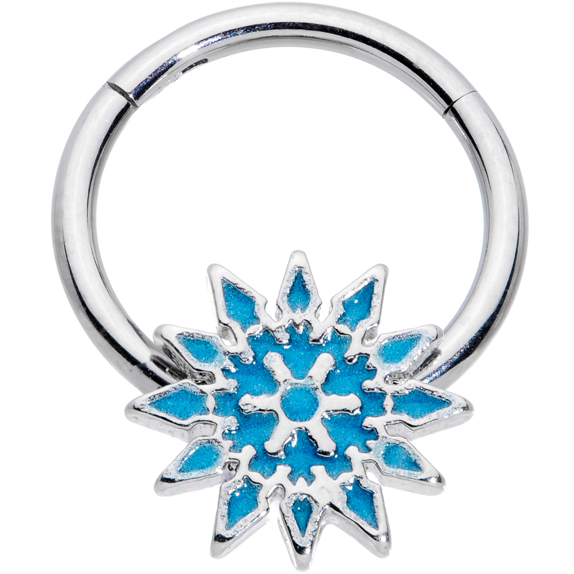 16G 3/8 Blue Winter Snowflake Christmas Hinged Segment Ring