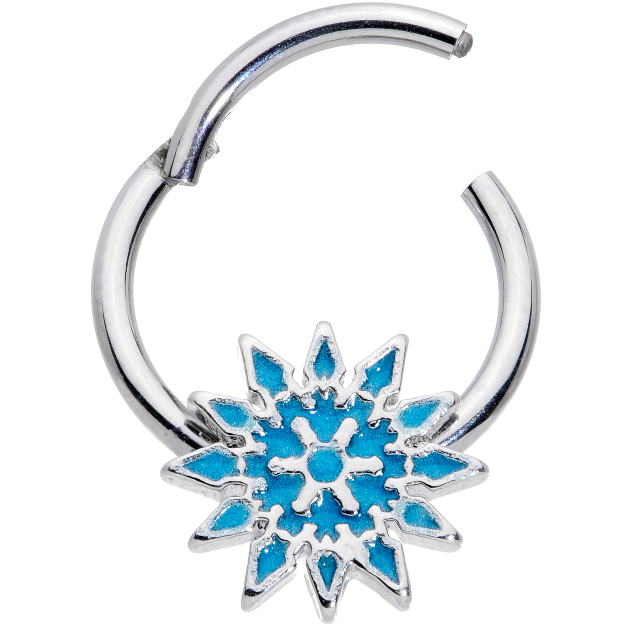 16G 3/8 Blue Winter Snowflake Christmas Hinged Segment Ring