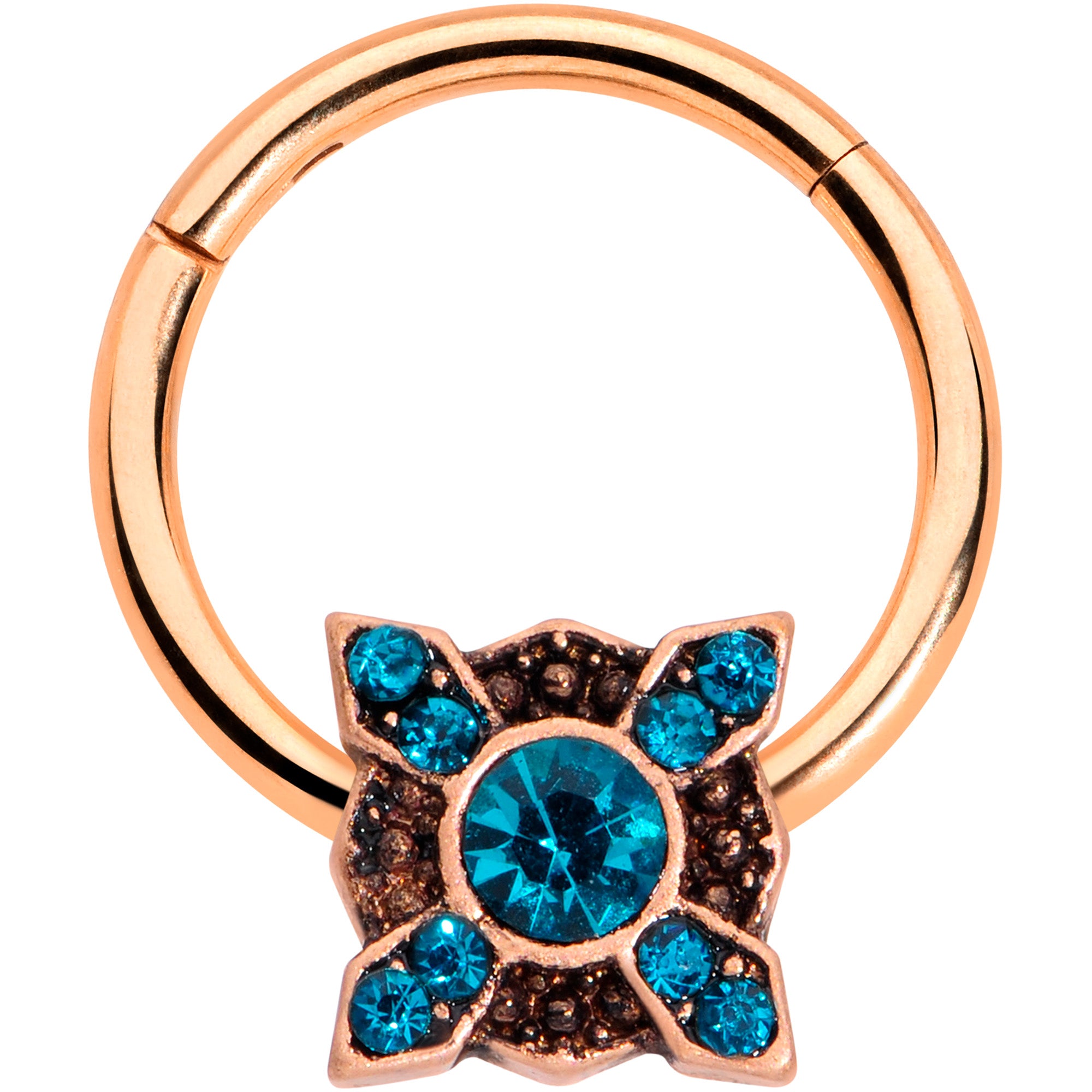 16G 3/8 Aqua Gem Rose Gold Tone Renaissance Hinged Segment Ring