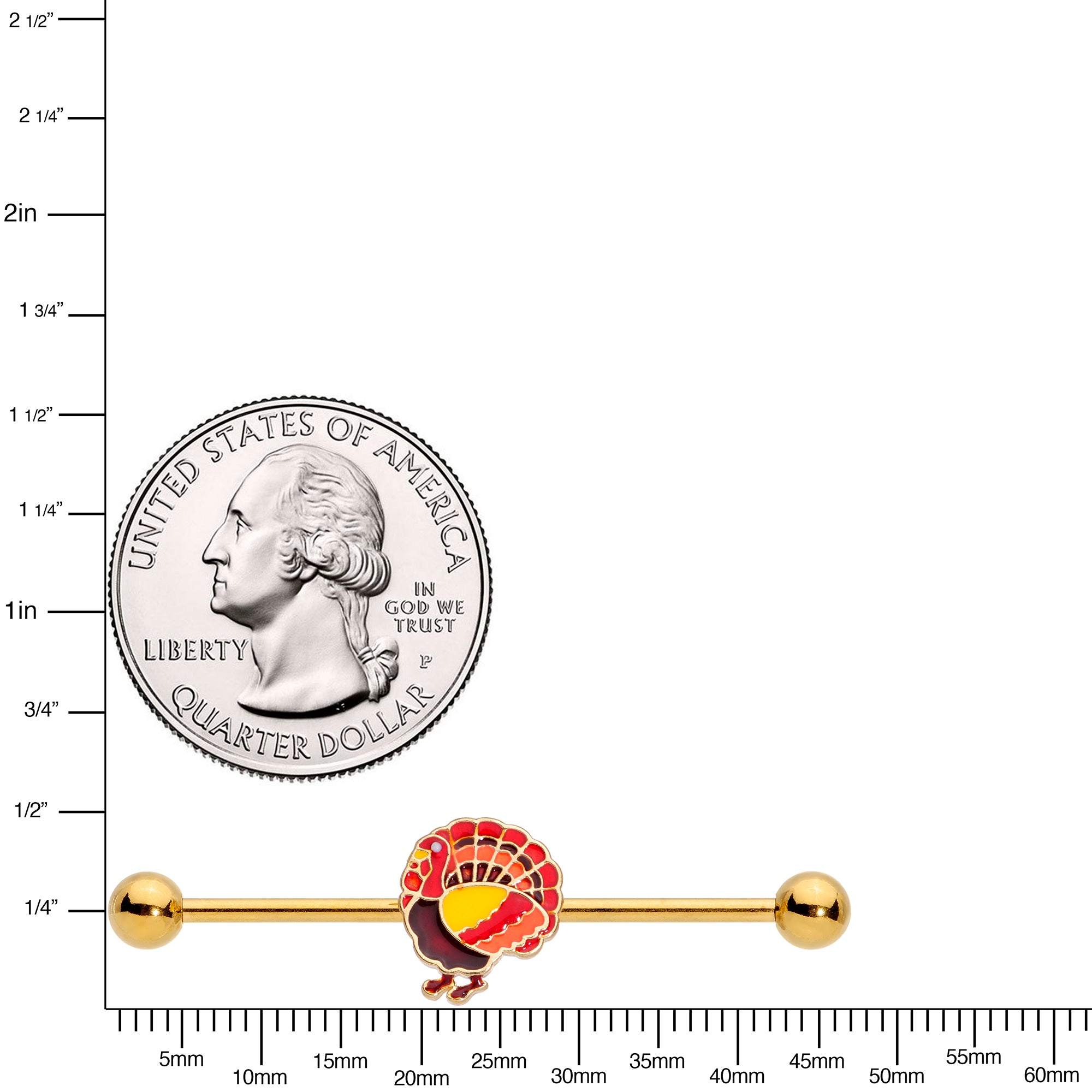 14G Gold Tone Turkey Thanksgiving Industrial Barbell 38mm