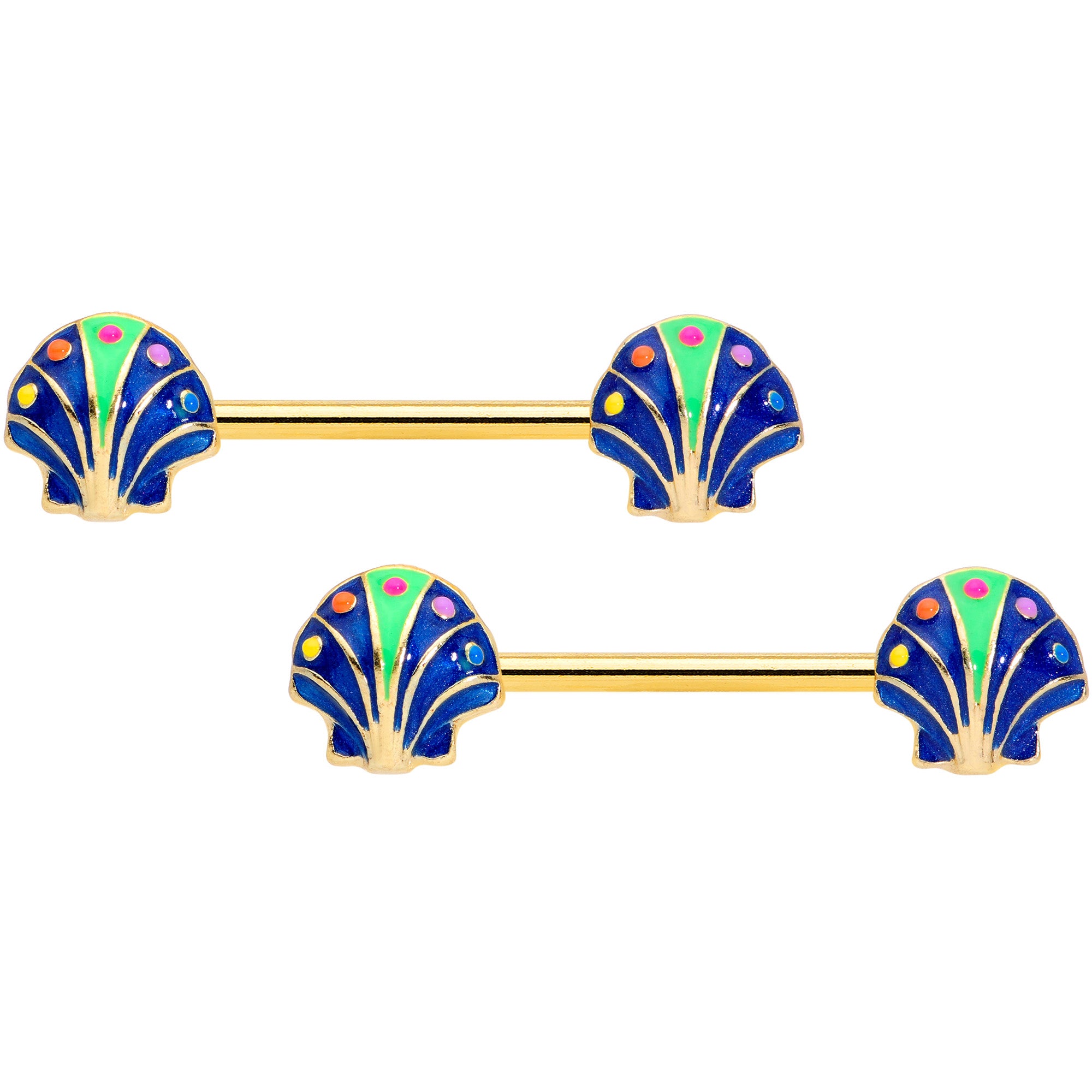 14G 9/16 Gold Tone Blue Shells Barbell Nipple Ring Set