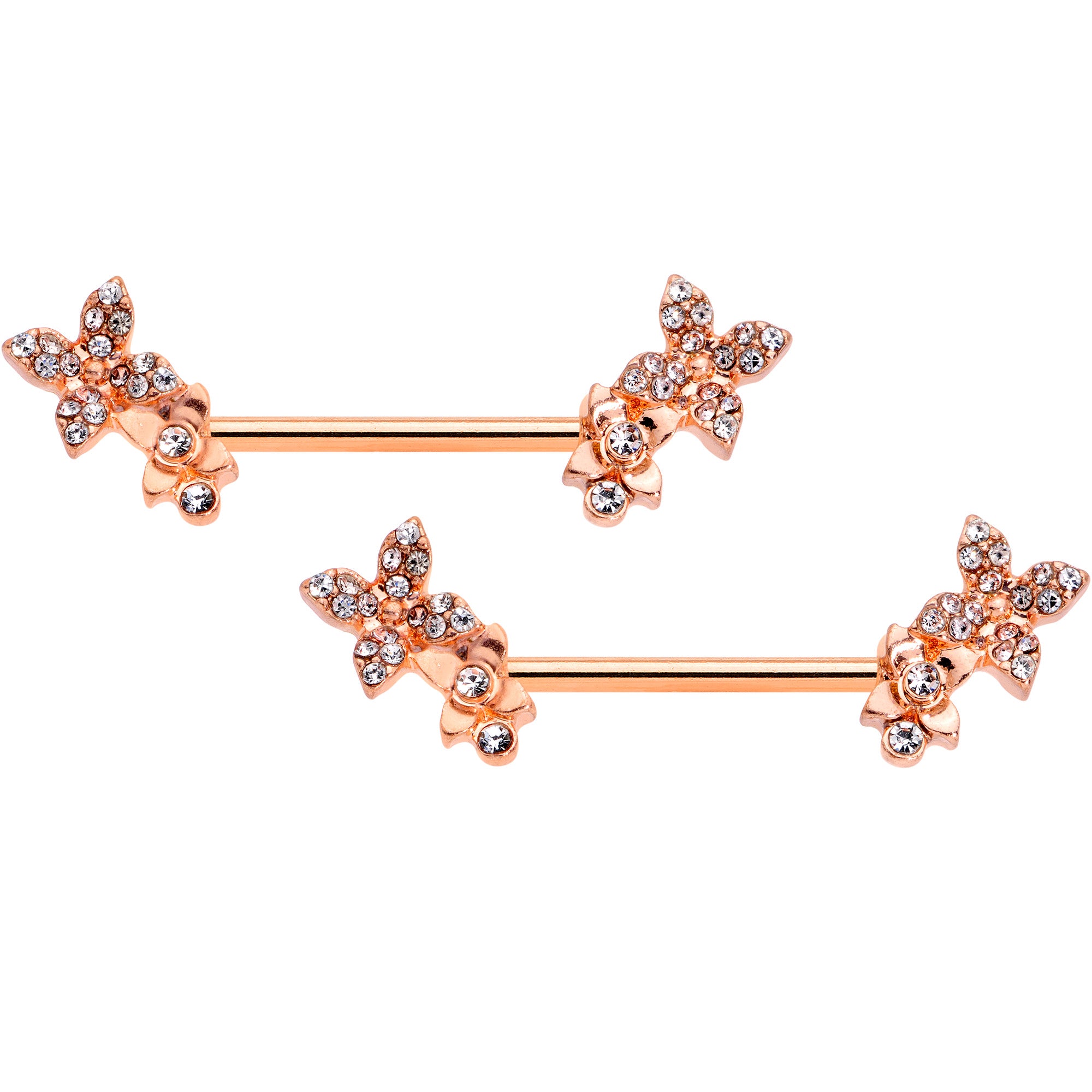14G 9/16 Clear Gem Rose Gold Tone Butterfly Duo Nipple Ring Set