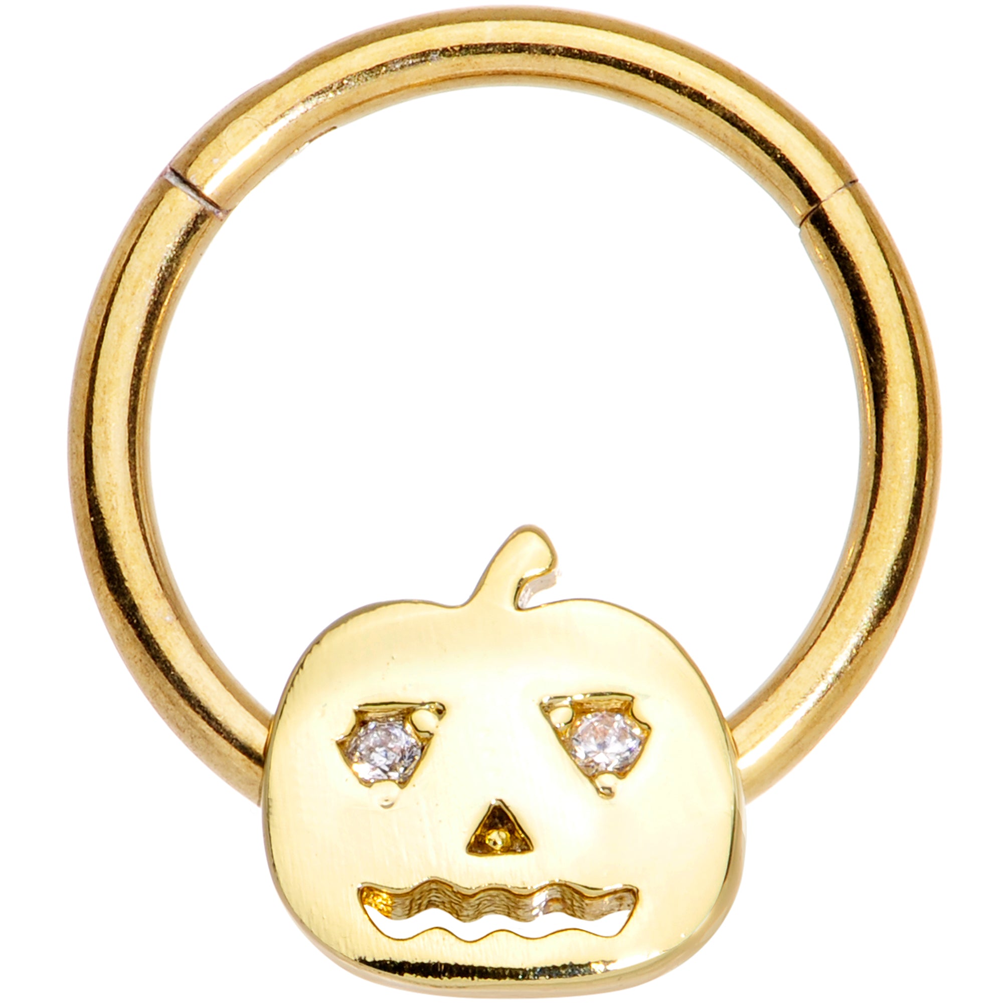 16G 3/8 Clear CZ Gold Tone Pumpkin Halloween Hinged Segment Ring