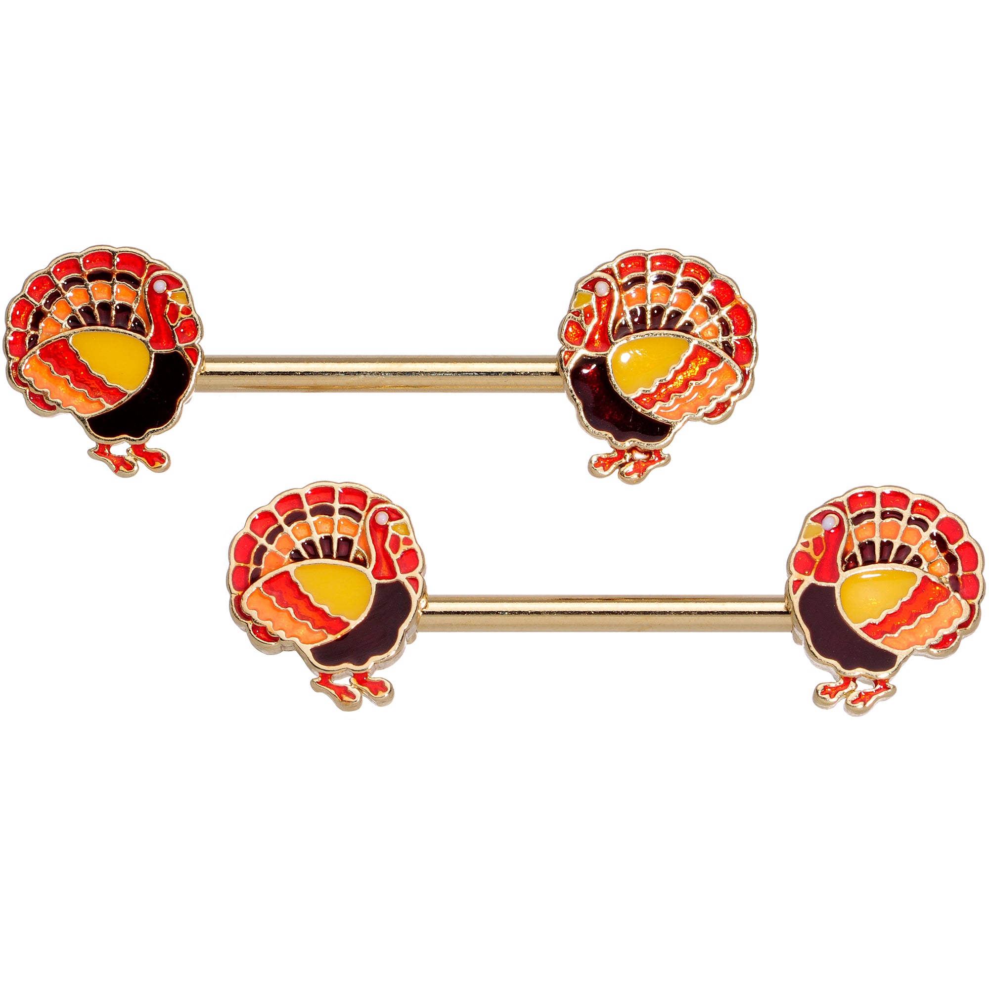 14G 9/16 Gold Tone Turkey Thanksgiving Barbell Nipple Rings