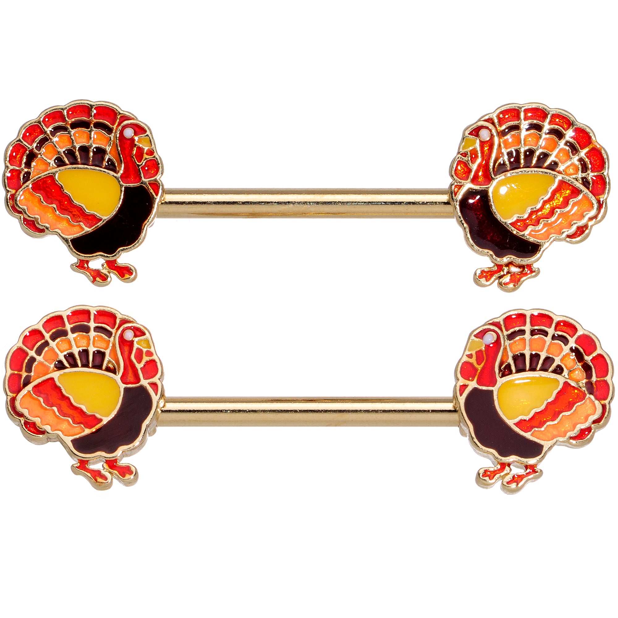 14G 9/16 Gold Tone Turkey Thanksgiving Barbell Nipple Rings