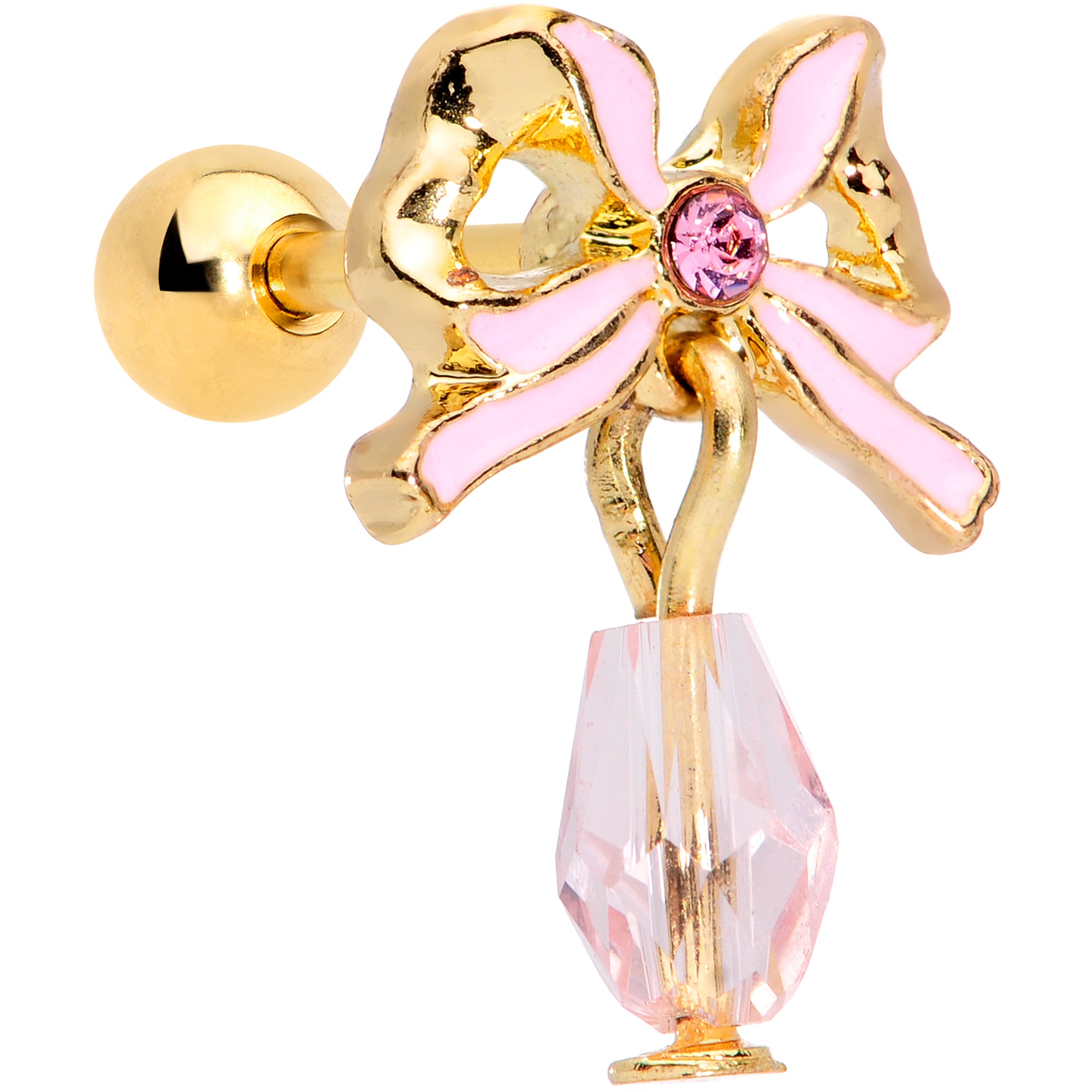 16G 1/4 Pink Gem Gold Tone Bow Dangle Cartilage Tragus Earring