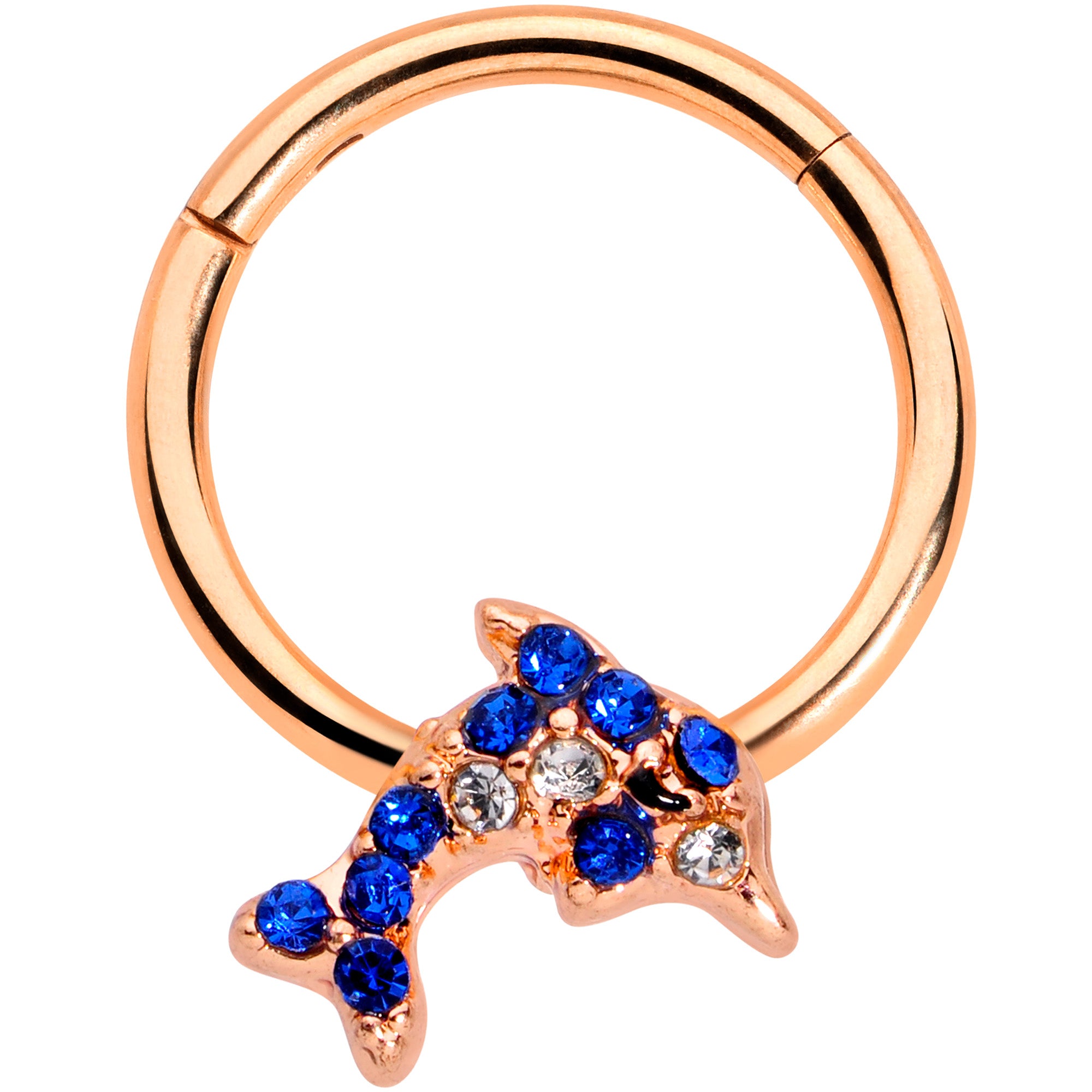 16G 3/8 Blue Gem Rose Gold Tone Dolphin Hinged Segment Ring