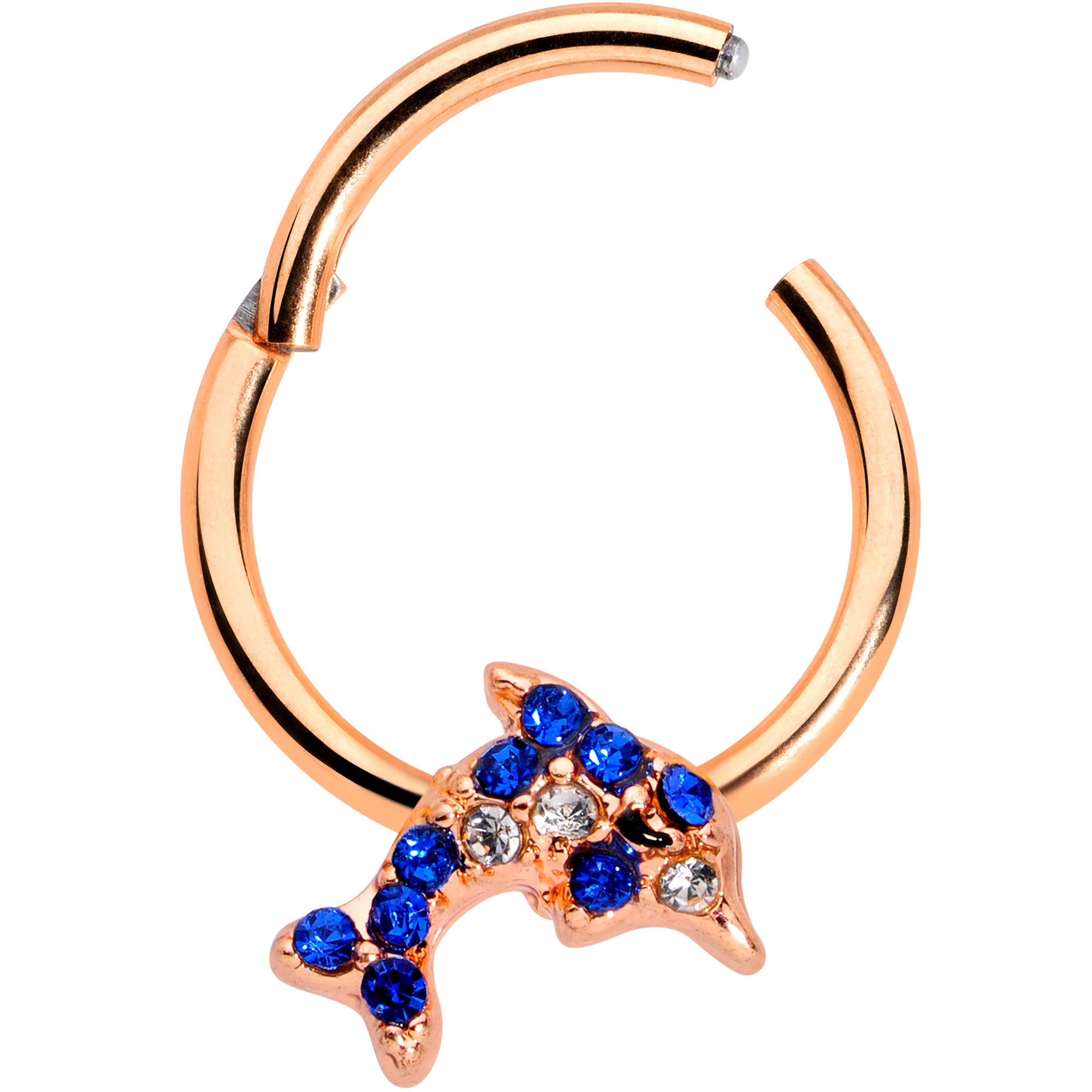 16G 3/8 Blue Gem Rose Gold Tone Dolphin Hinged Segment Ring