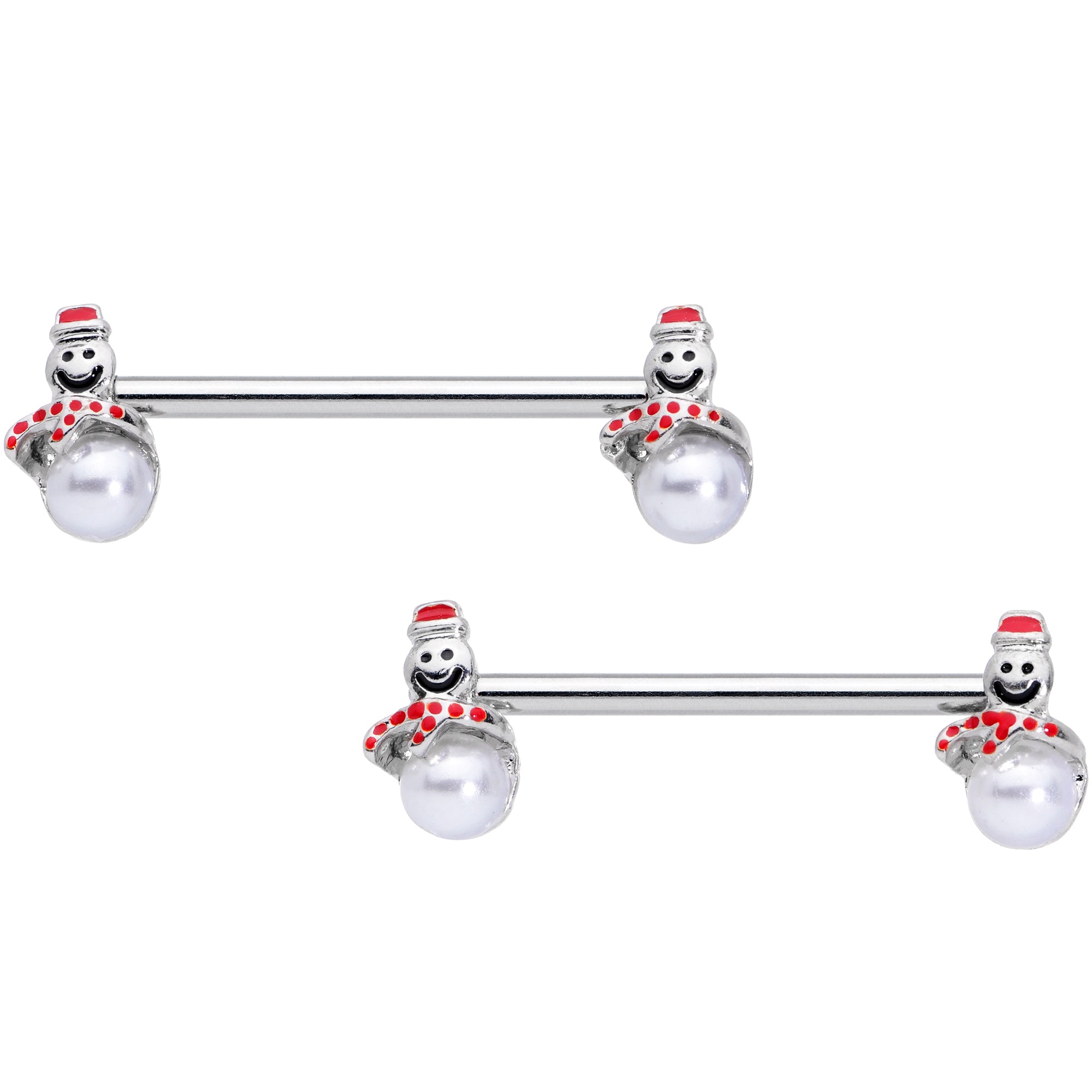 14G 5/8 Pearlescent Orb Snowman Christmas Barbell Nipple Ring Set