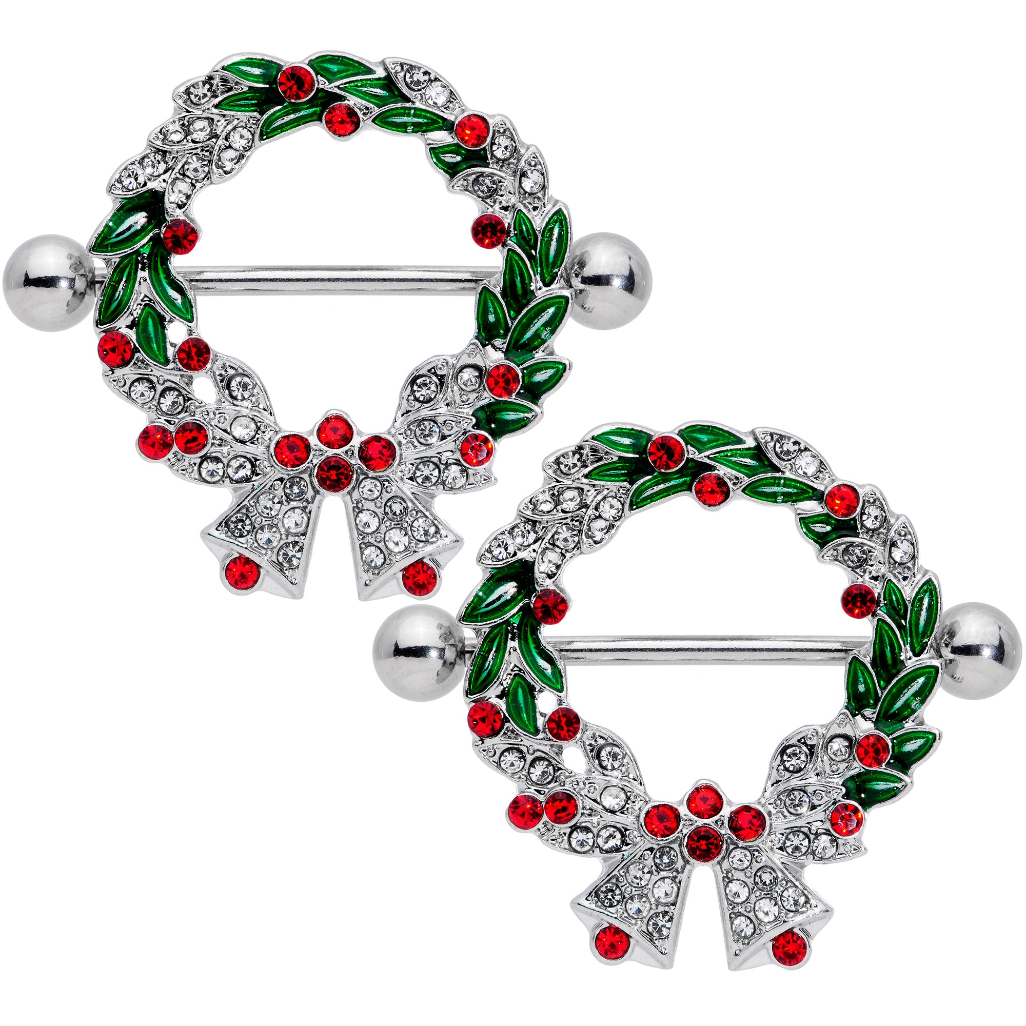 14G 11/16 Red Green Gem Christmas Wreath Nipple Shield Set