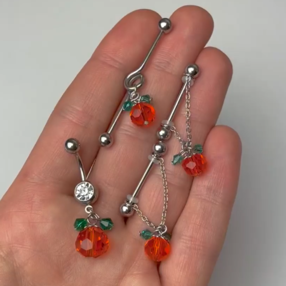 14G 5/8 Green Orange Gem Pumpkin Halloween Dangle Nipple Ring Set
