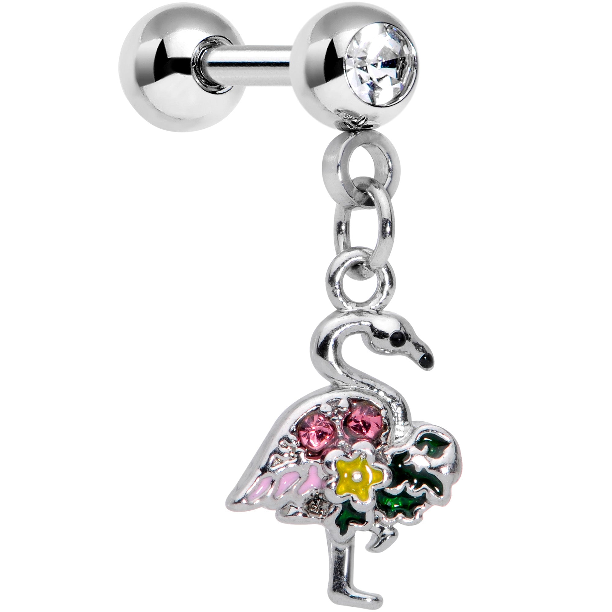 16G 1/4 Clear Pink Gem Funky Flamingo Dangle Cartilage Earring