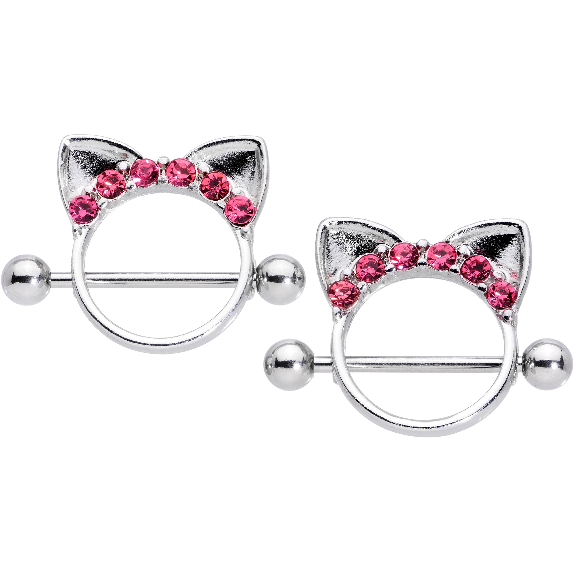 14G 9/16 Pink Gem Kitty Cat Ears Nipple Shield Set
