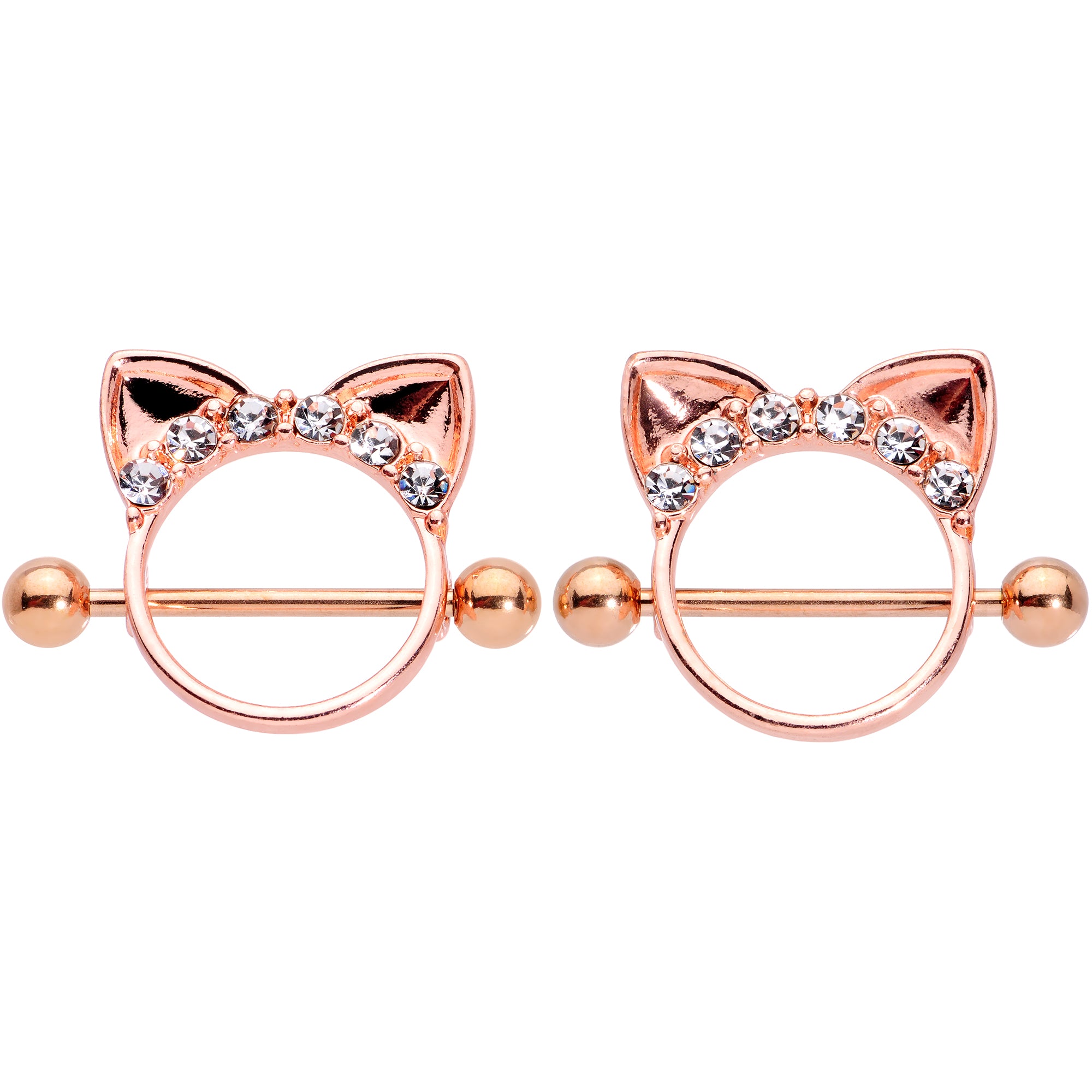 14G 9/16 Clear Gem Rose Gold Hue Kitty Cat Ears Nipple Shield Set