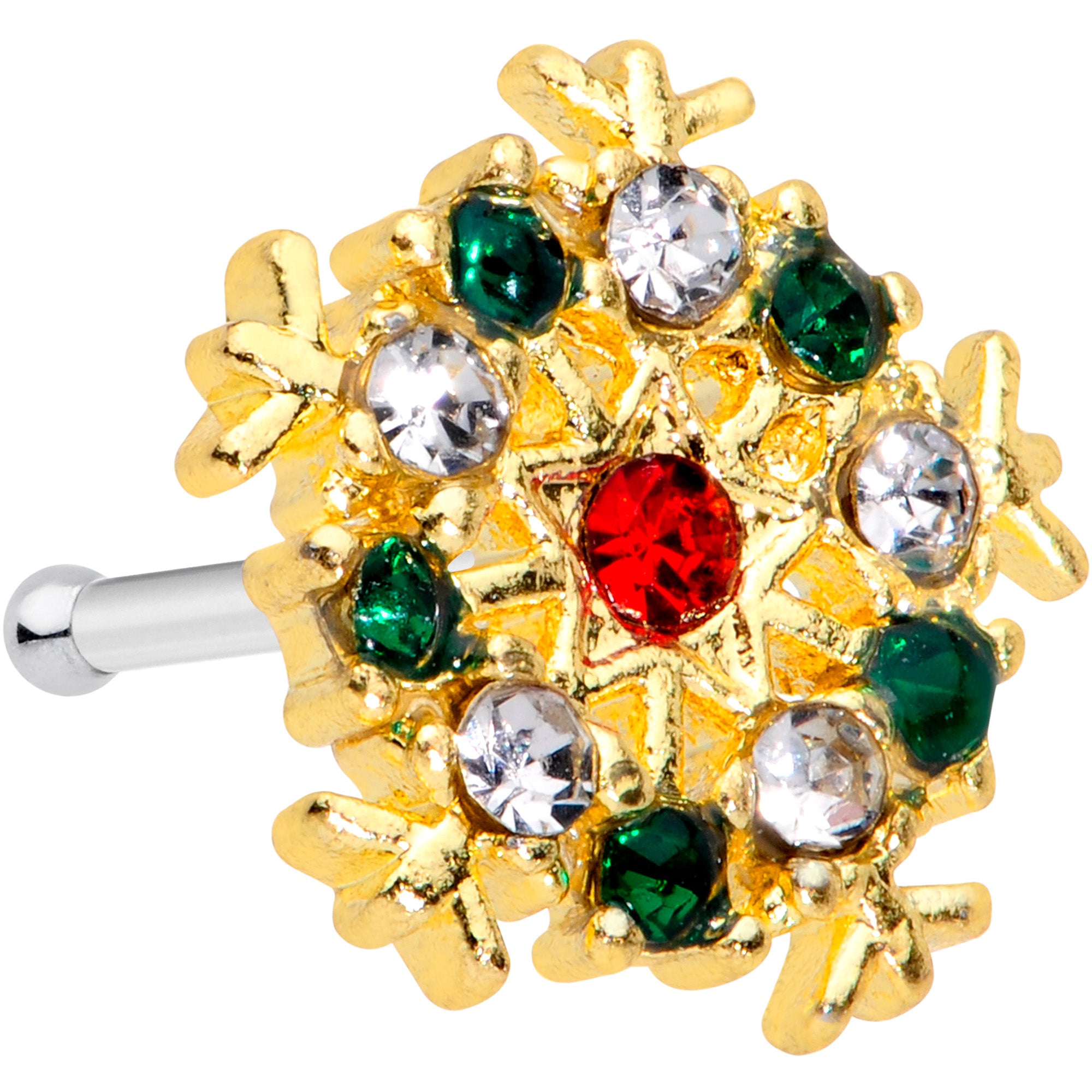 20G 7mm Red Green Gem Gold Tone Snowflake Christmas Nose Bone