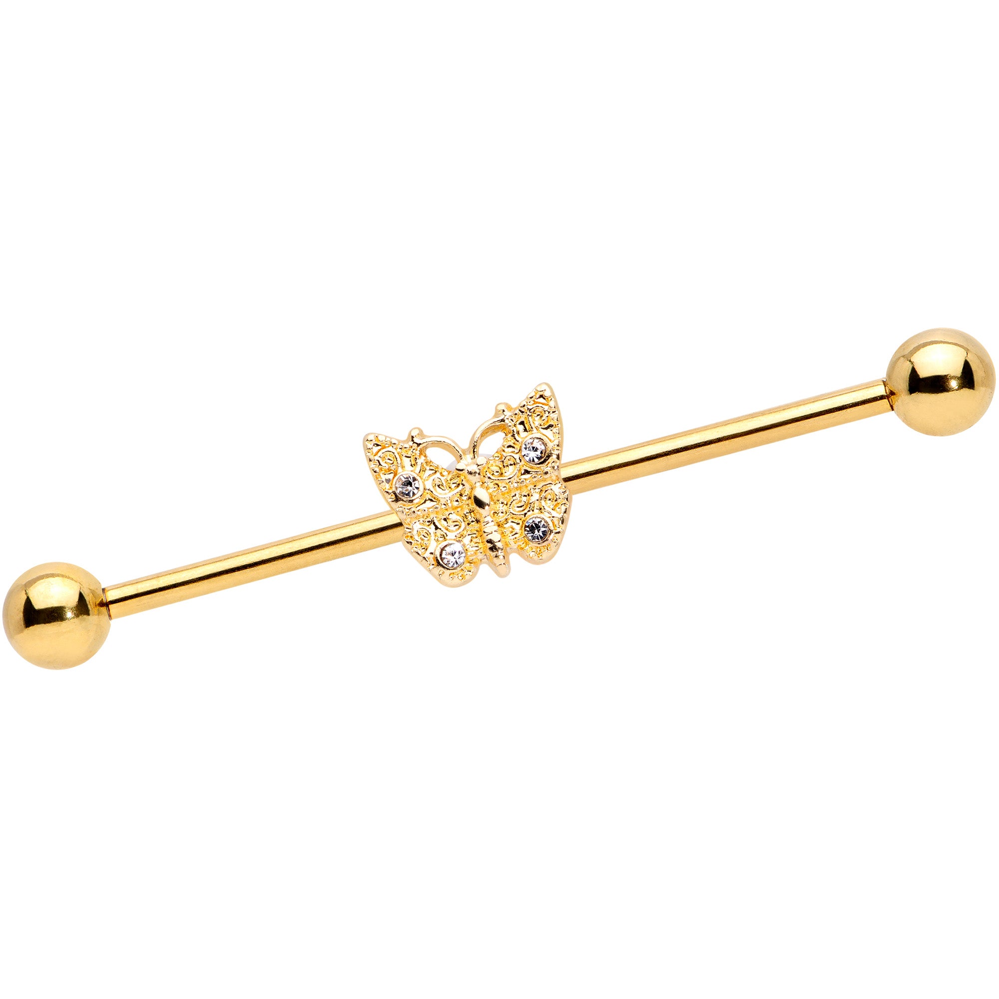14G Clear Gem Gold Tone Butterfly Industrial Barbell 38mm