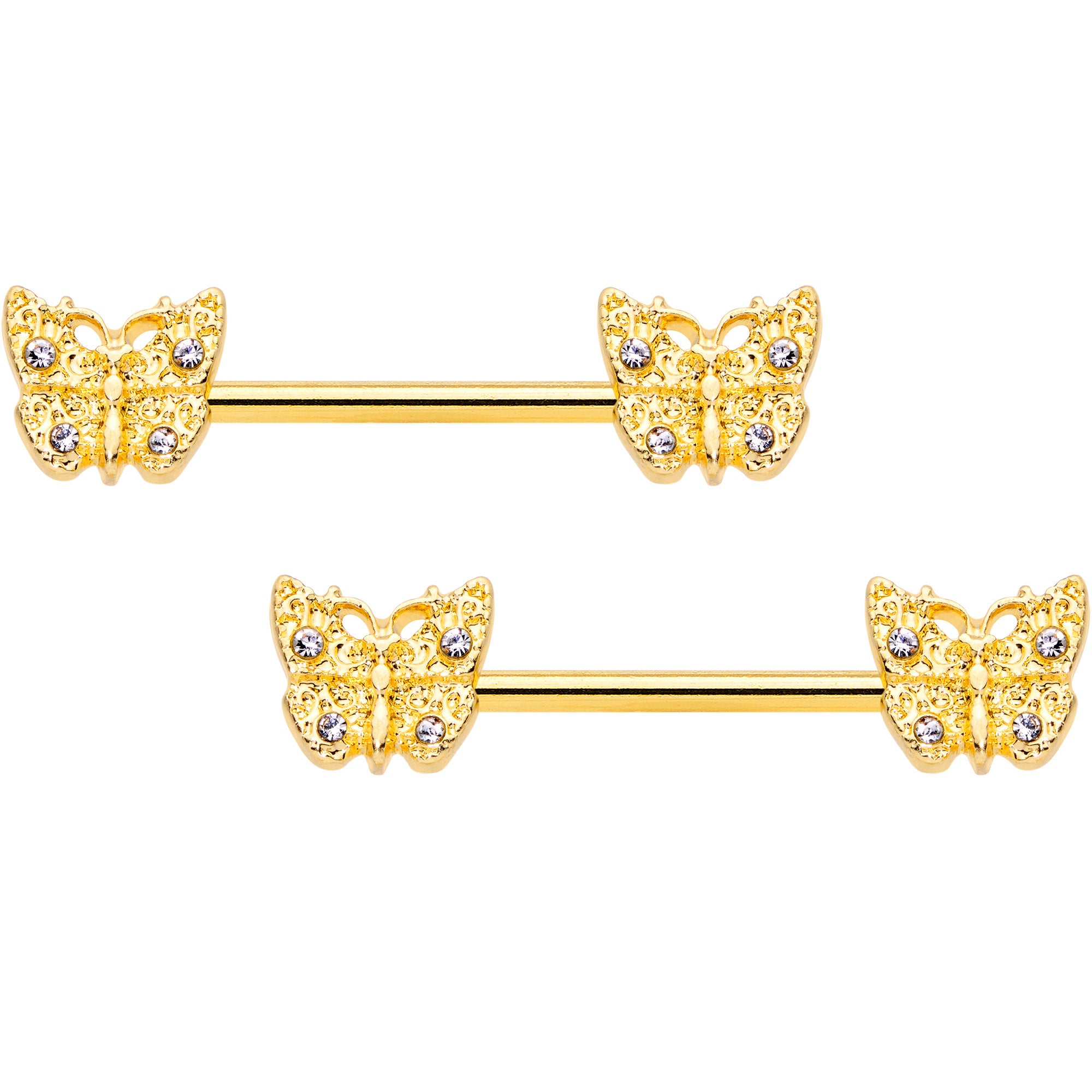 14G 9/16 Clear Gem Gold Tone Baroque Butterfly Nipple Ring Set