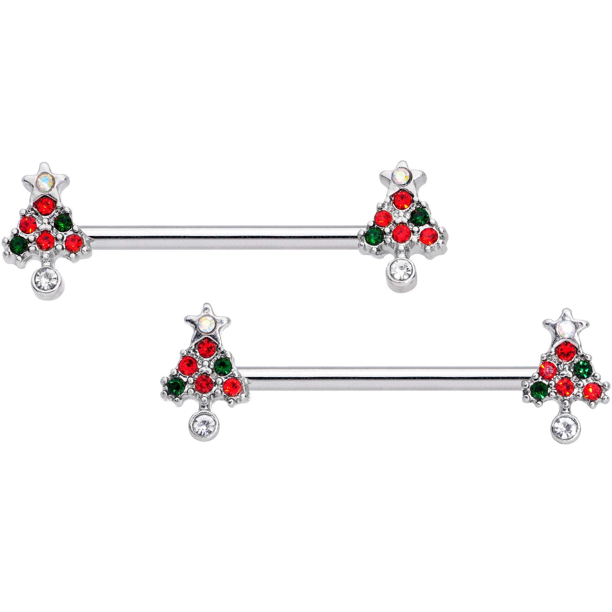 14G 11/16 Clear Red Green Gem Christmas Tree Nipple Ring Set