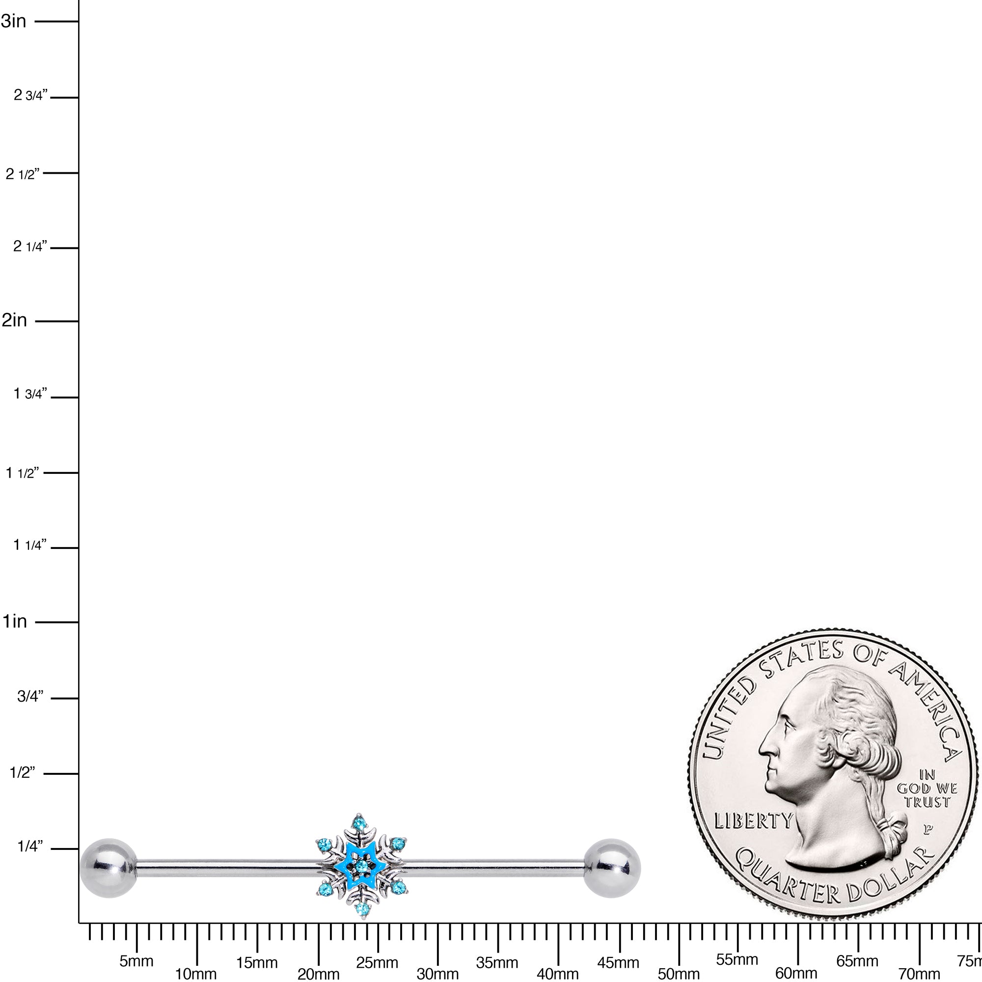 14G Aqua Gem Winter Snowflake Christmas Industrial Barbell 38mm