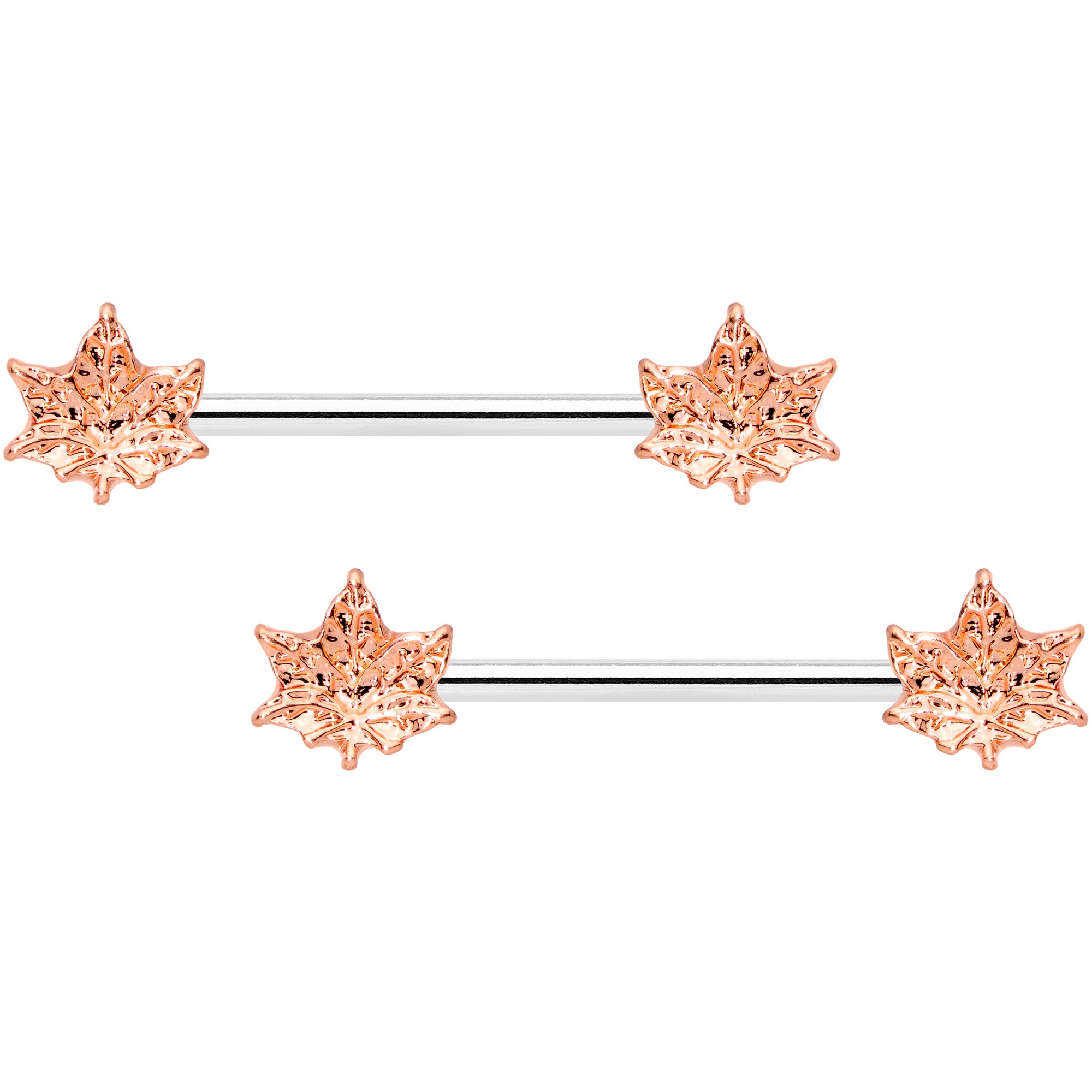 14G 5/8 Rose Gold Tone Pot Leaf Barbell Nipple Ring Set