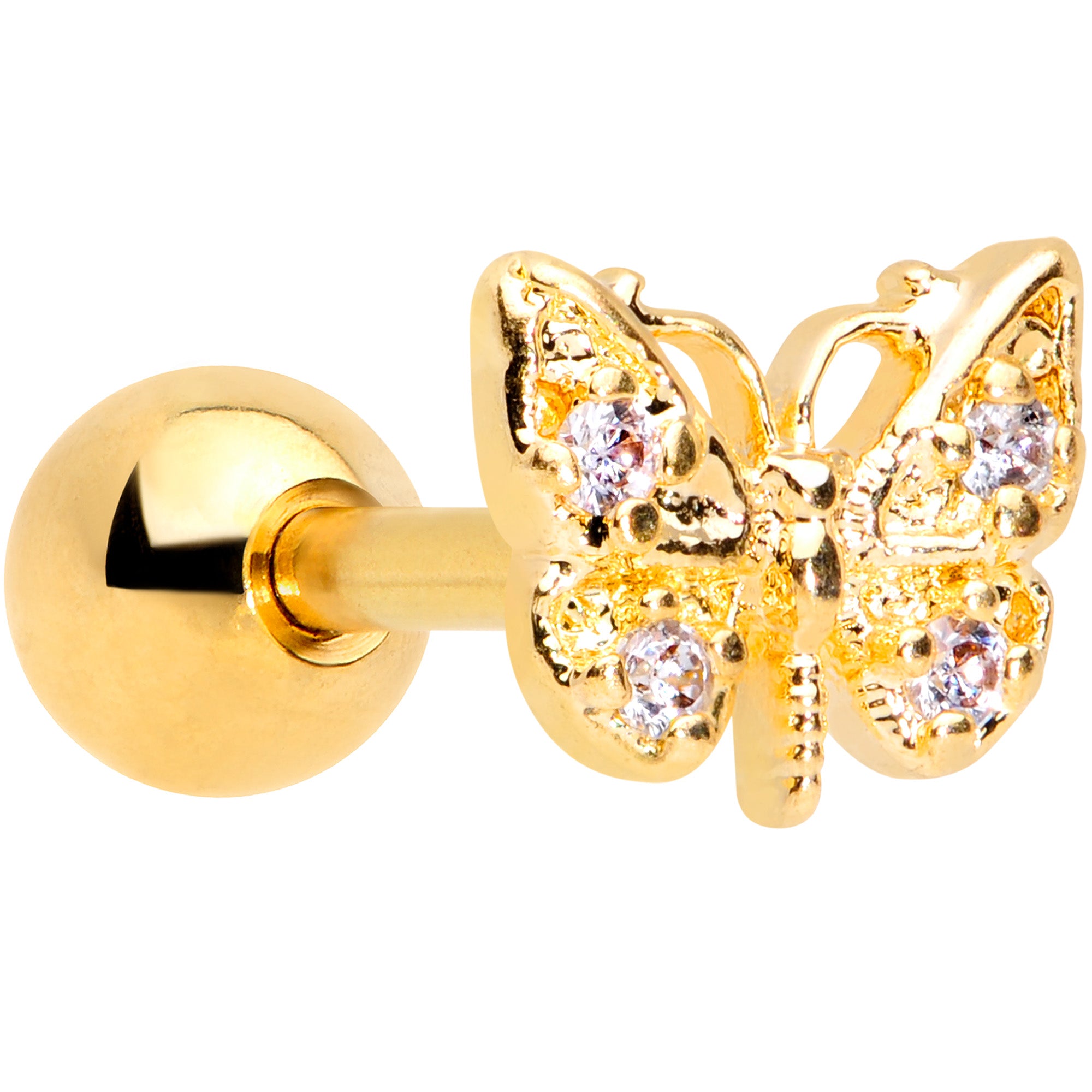 16G 1/4 Clear Gem Gold Tone Butterfly Cartilage Tragus Earring