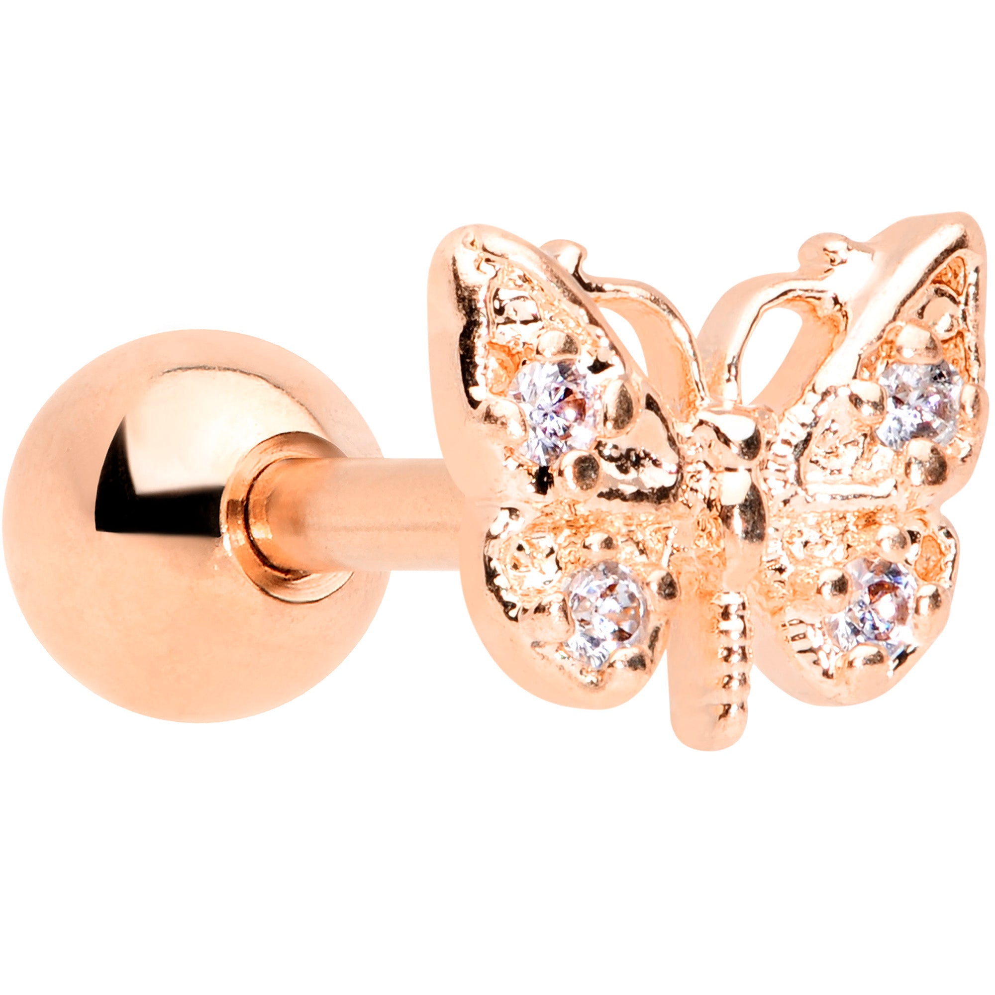 16G 1/4 Clear Gem Rose Gold Tone Butterfly Cartilage Earring