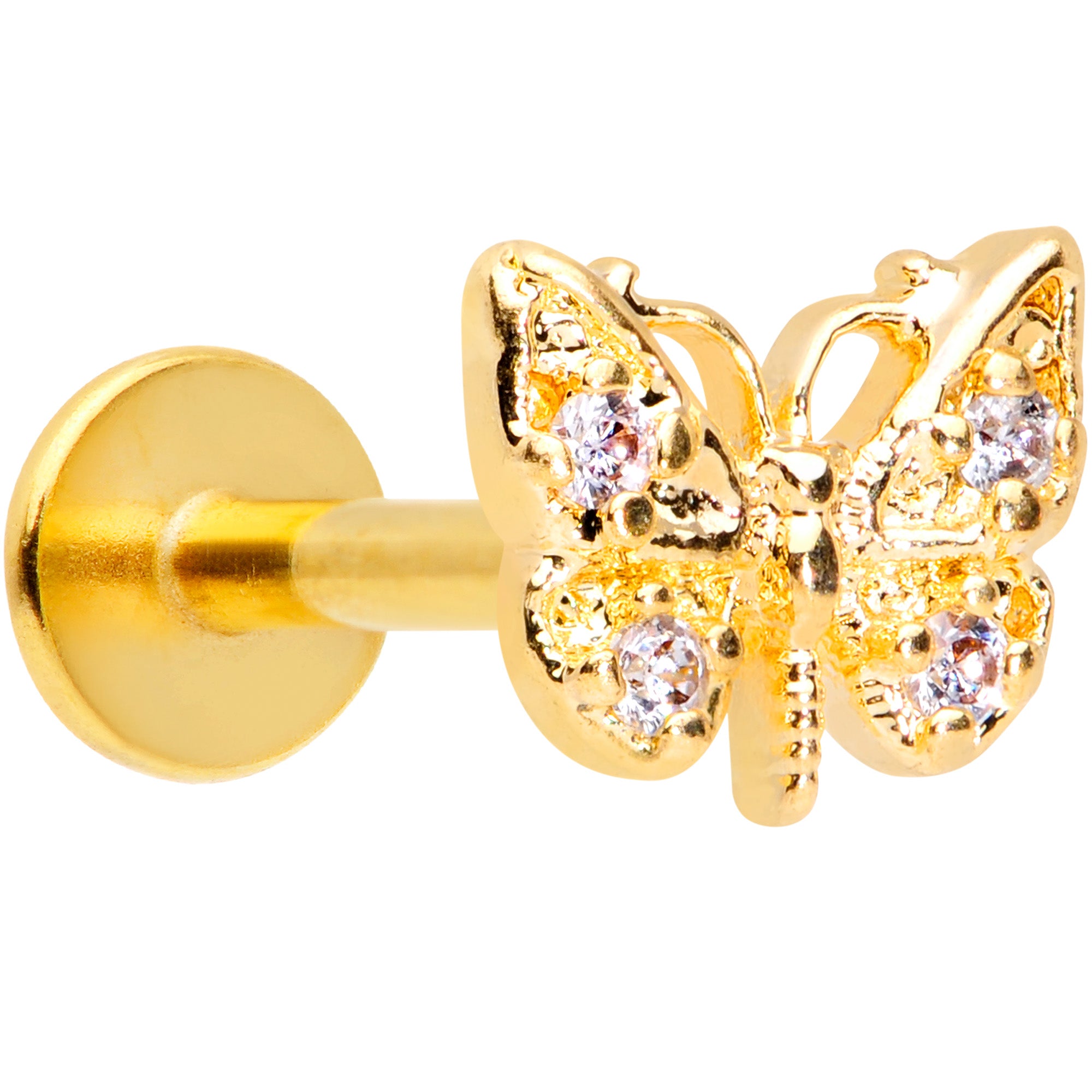 16G 5/16 Clear Gem Gold Tone Butterfly Labret Monroe Tragus