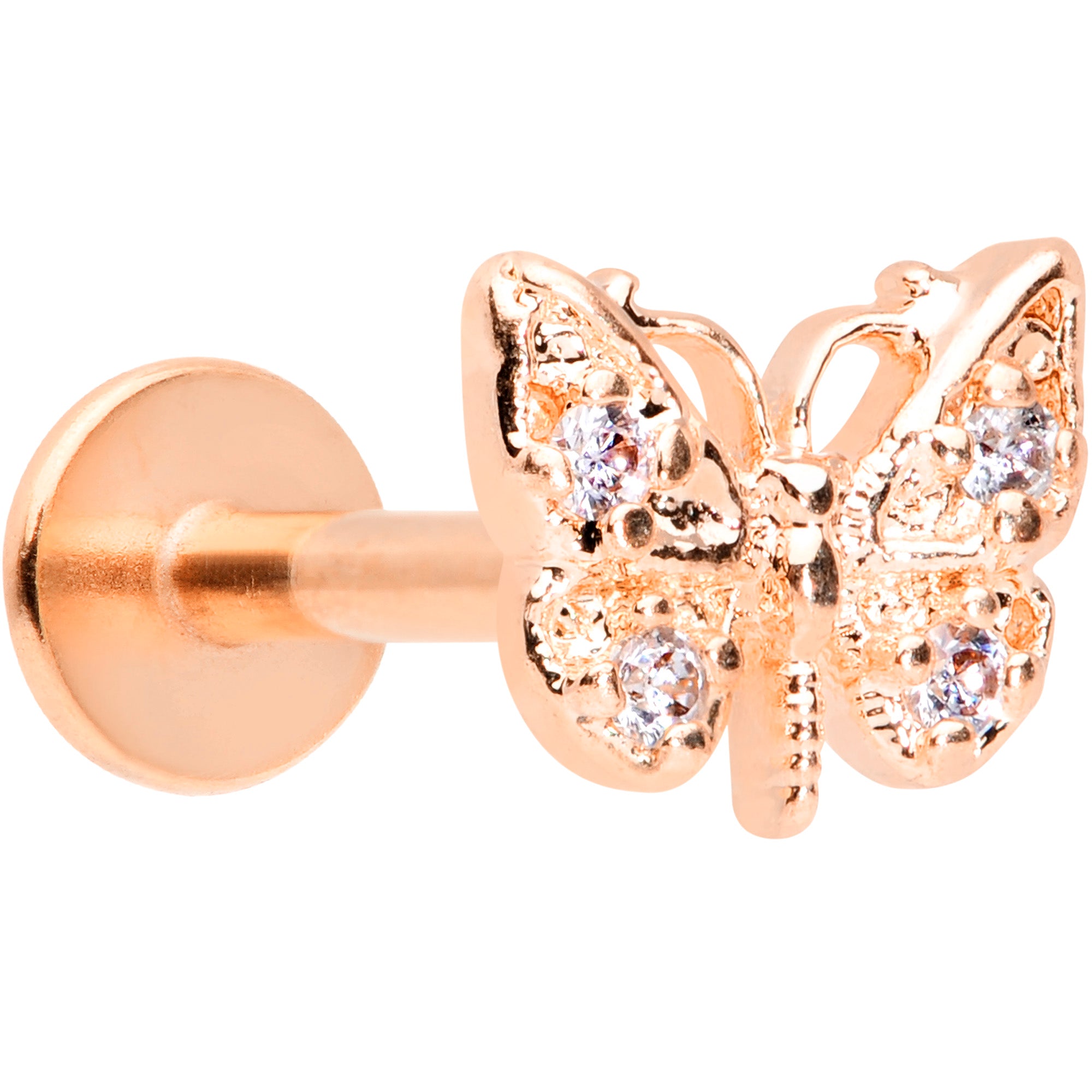 16G 5/16 Clear Gem Rose Gold Tone Butterfly Labret Monroe Tragus