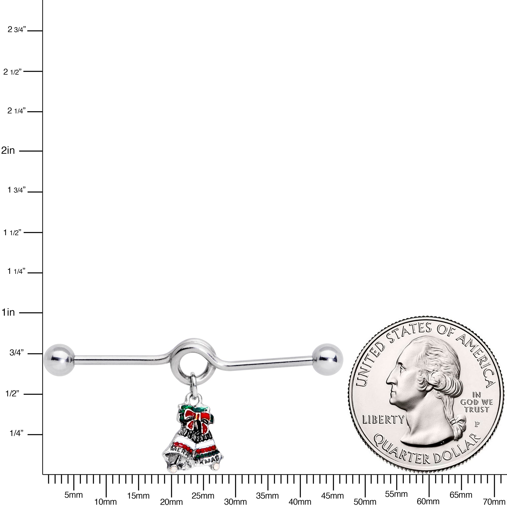 14G Red White Green Bell Christmas Dangle Project Barbell 38mm