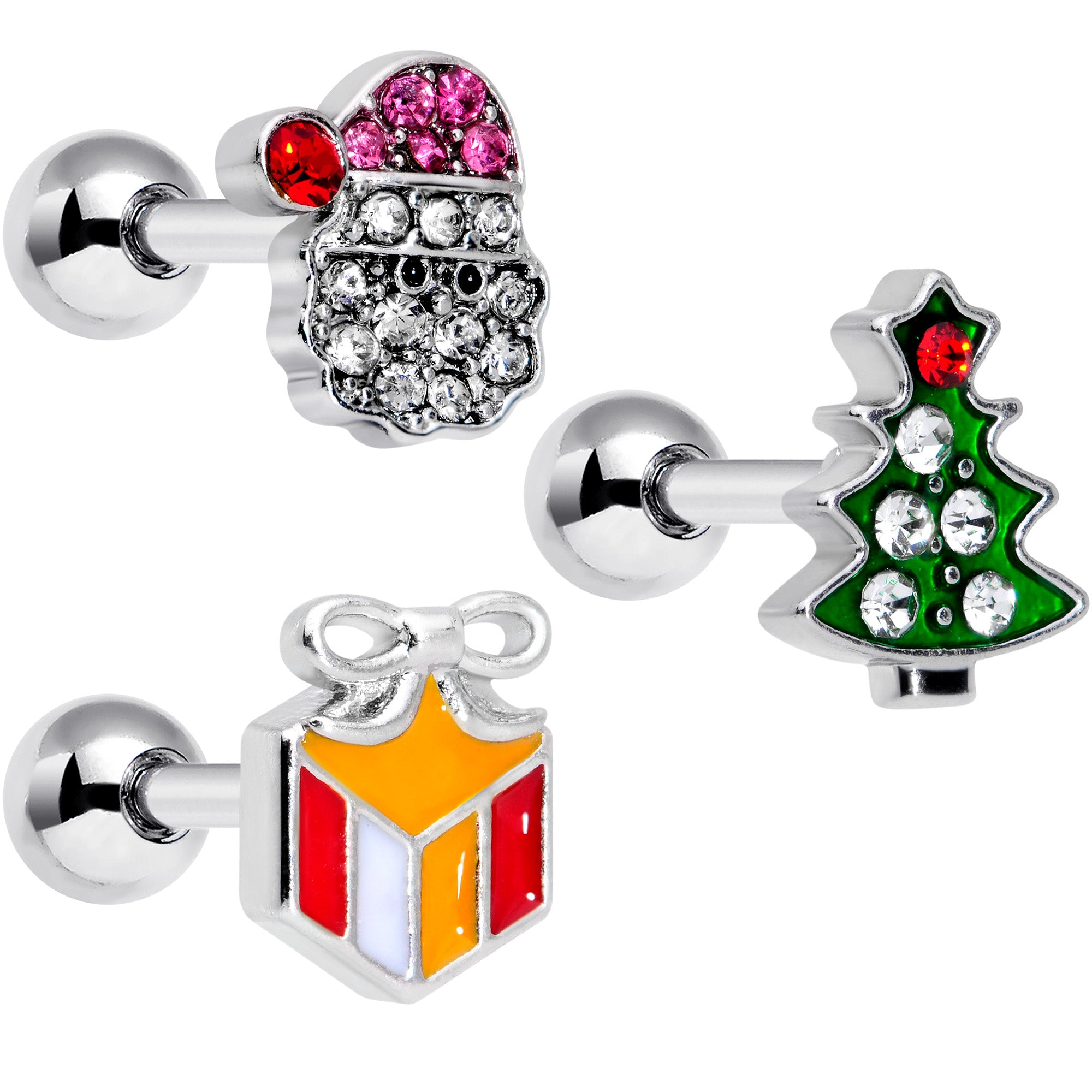 16G 1/4 Clear Red Gem Santa Christmas Cartilage Tragus Set of 3